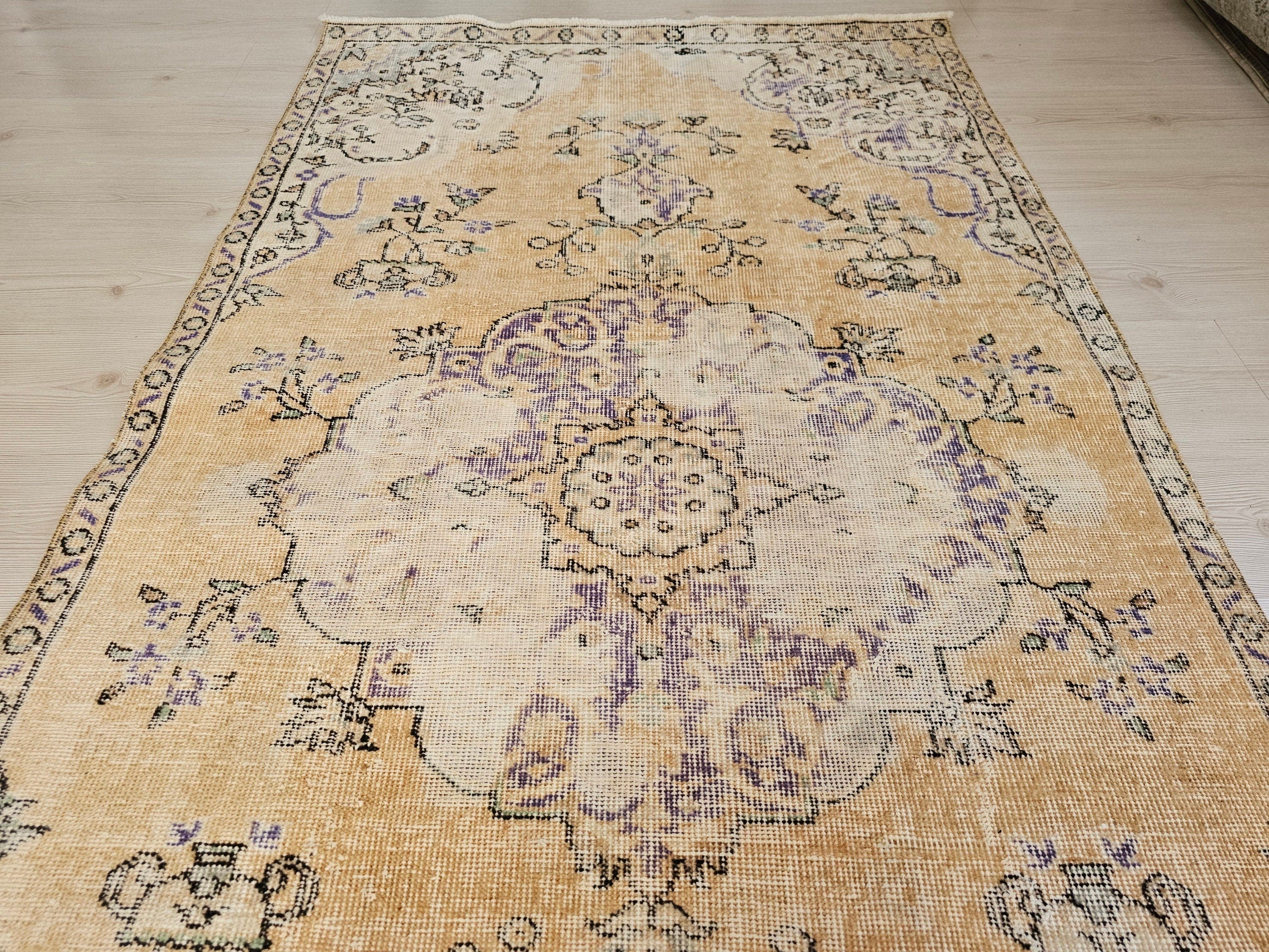 Handwoven Vintage Anatolian Rug - 3.74x7.21 ft (114x220 cm) Muted Floral Carpet