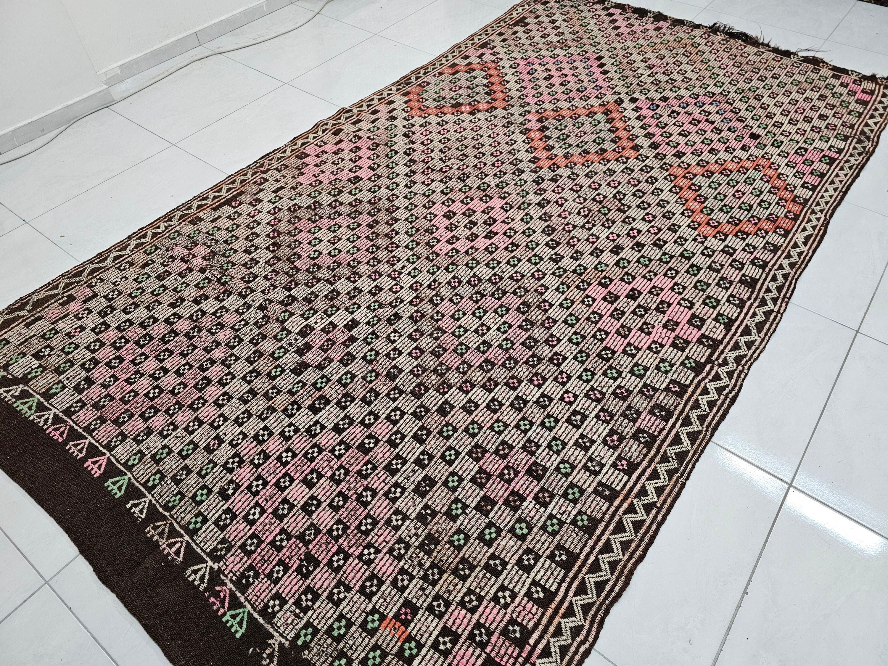 Handmade Wool Checkered Rug: 6x10.75 ft Vintage Eclectic Carpet