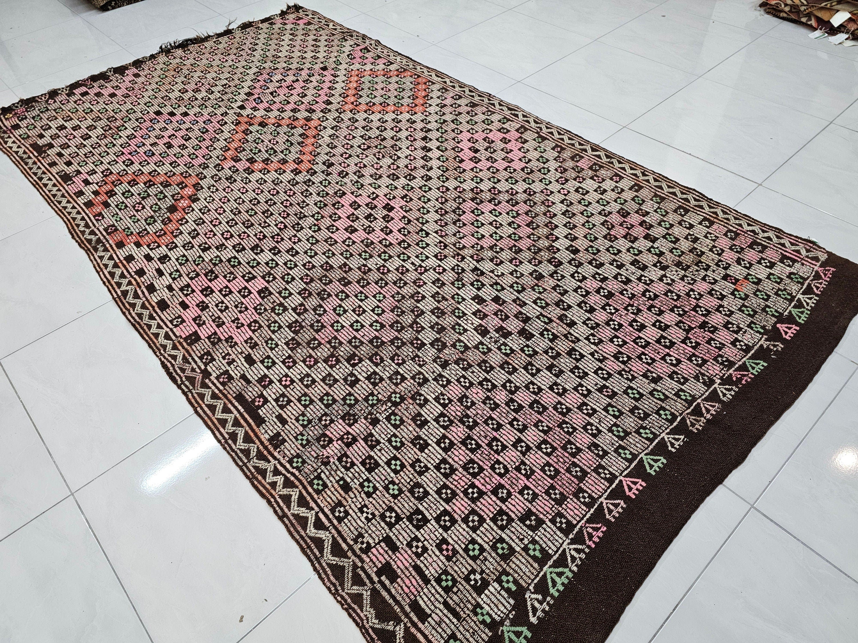 Handmade Wool Checkered Rug: 6x10.75 ft Vintage Eclectic Carpet