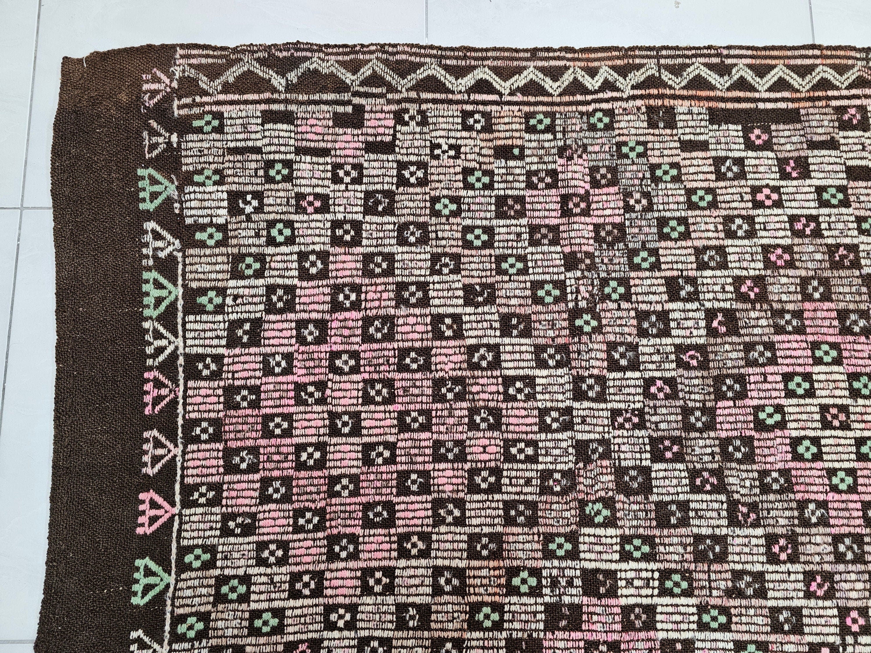 Handmade Wool Checkered Rug: 6x10.75 ft Vintage Eclectic Carpet