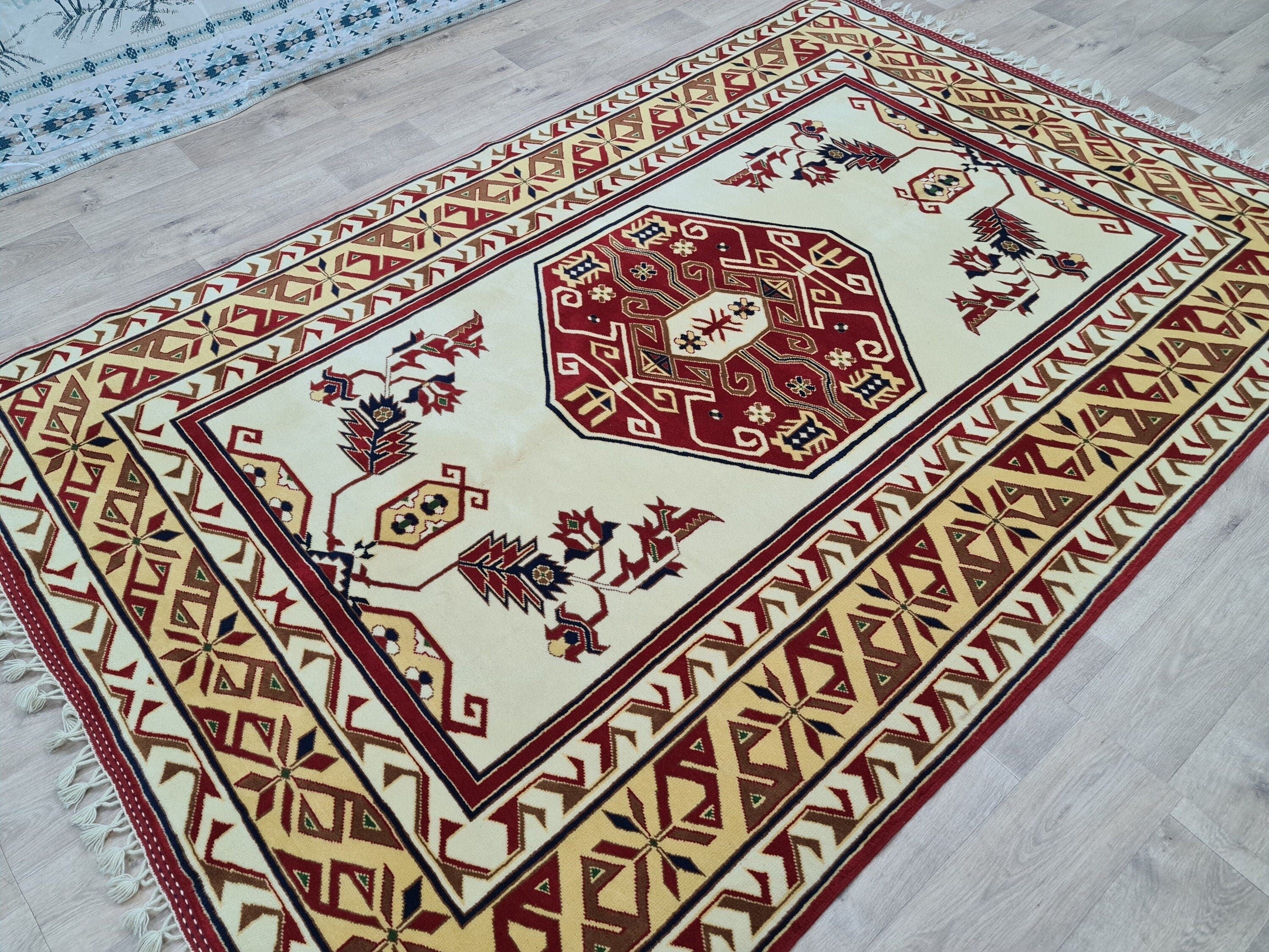 Hand Knotted Wool Rug: 6x9 Vintage Turkish Oushak Geometric Rug