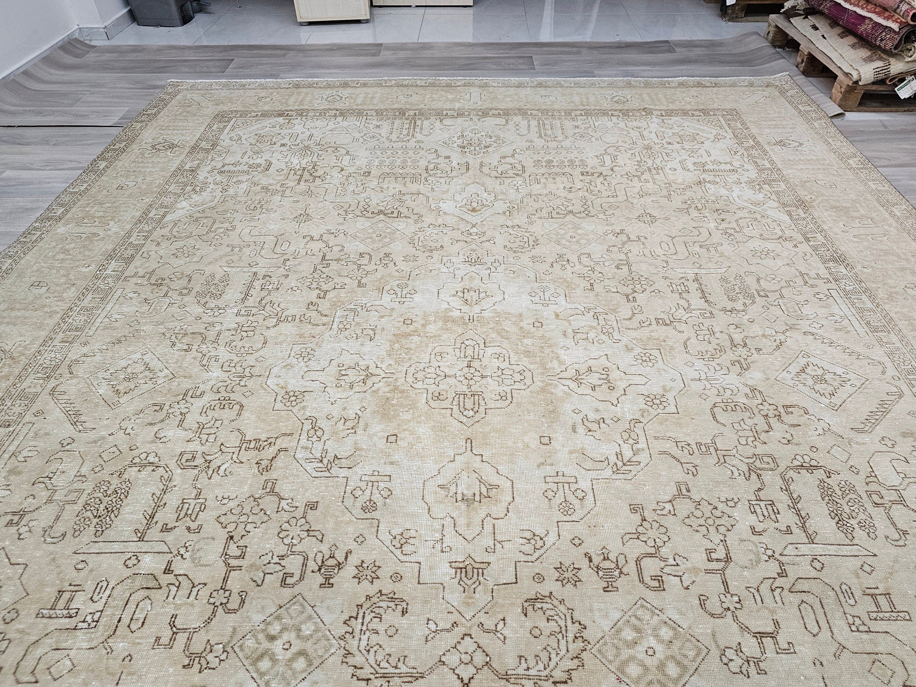 9x13 Vintage Handwoven Wool Oushak Rug: Neutral Beige Carpet