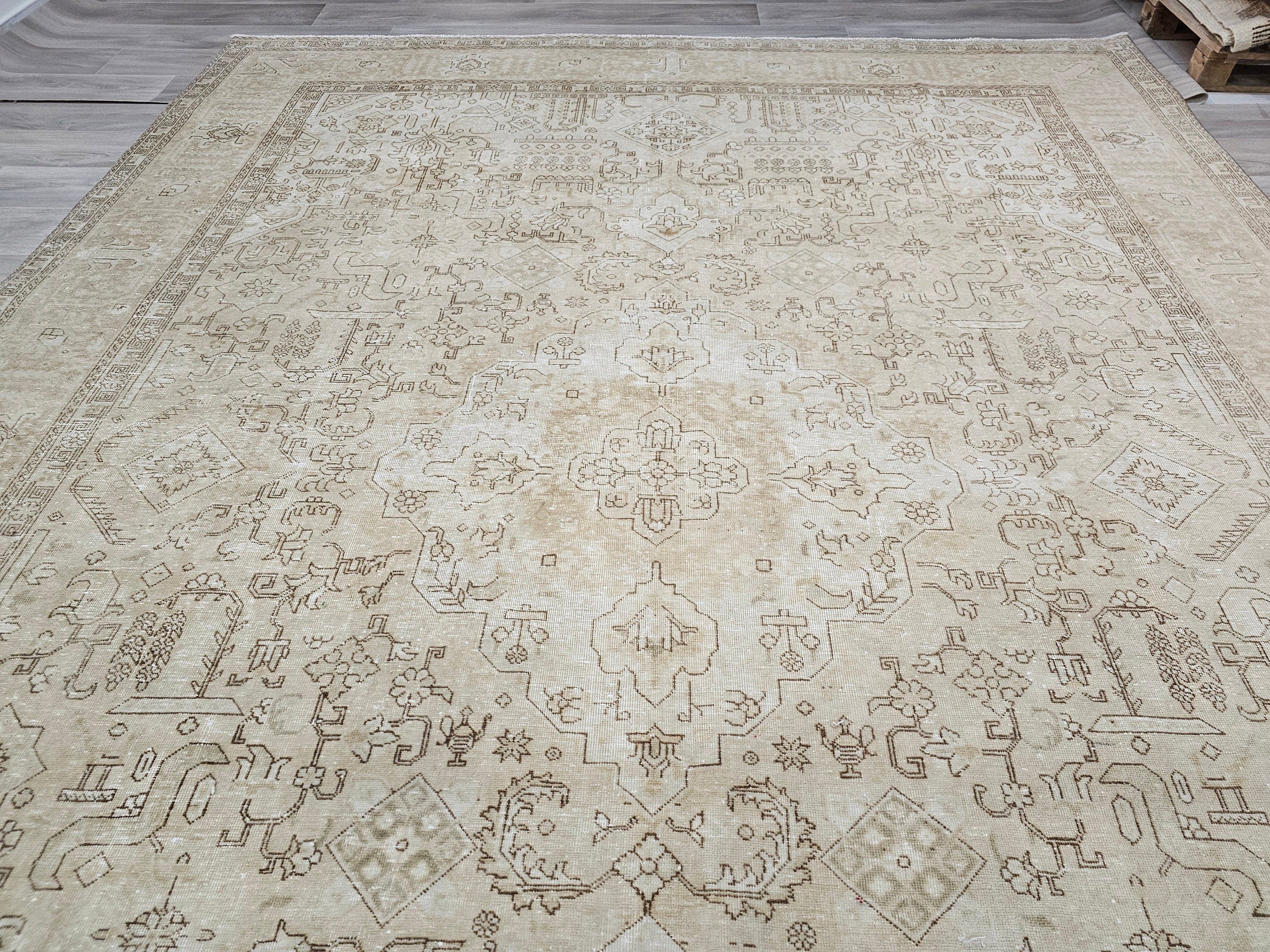 9x13 Vintage Handwoven Wool Oushak Rug: Neutral Beige Carpet