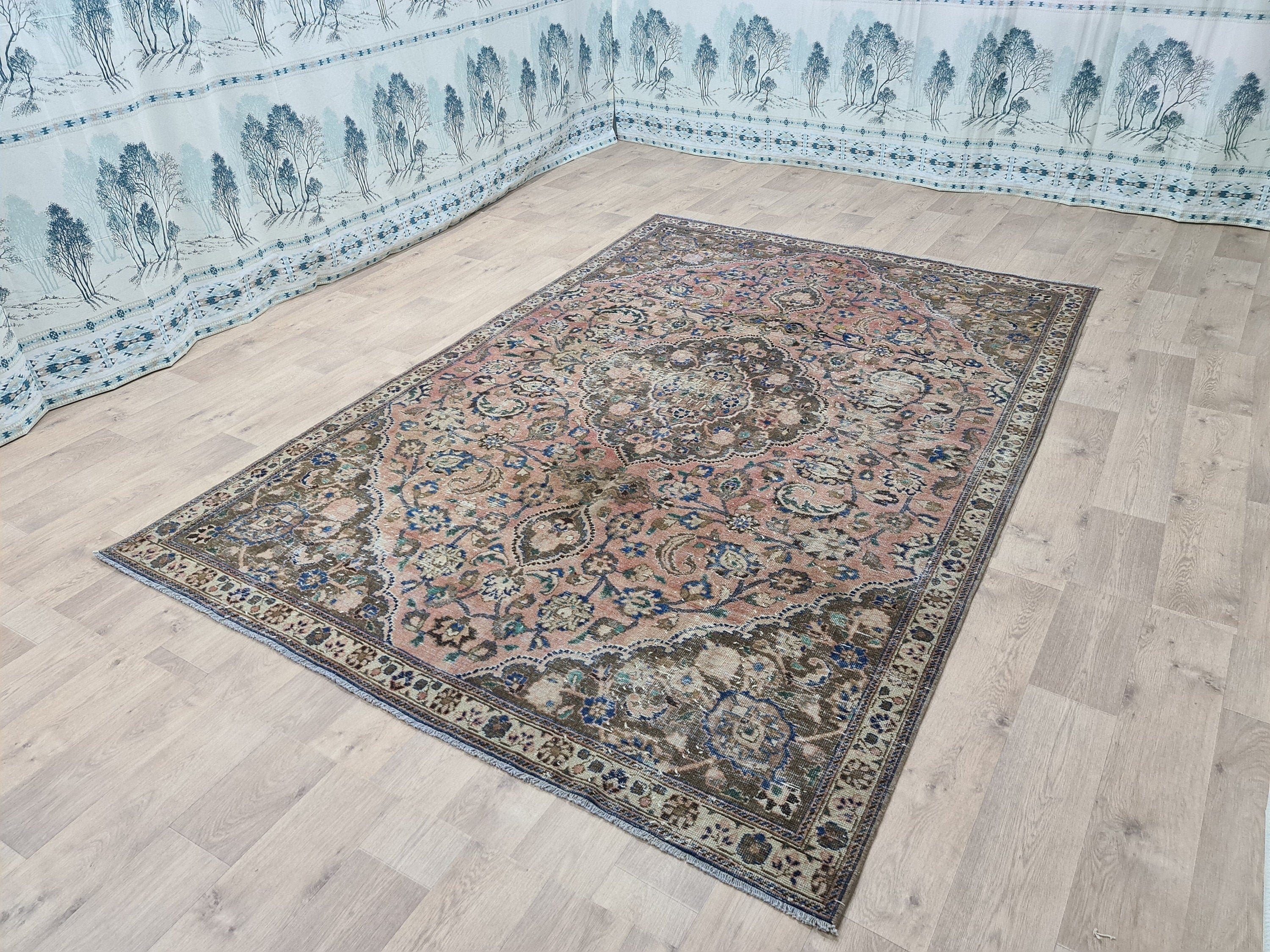 6x9 Vintage Turkish Oushak Rug: Wool Farmhouse Area Rug
