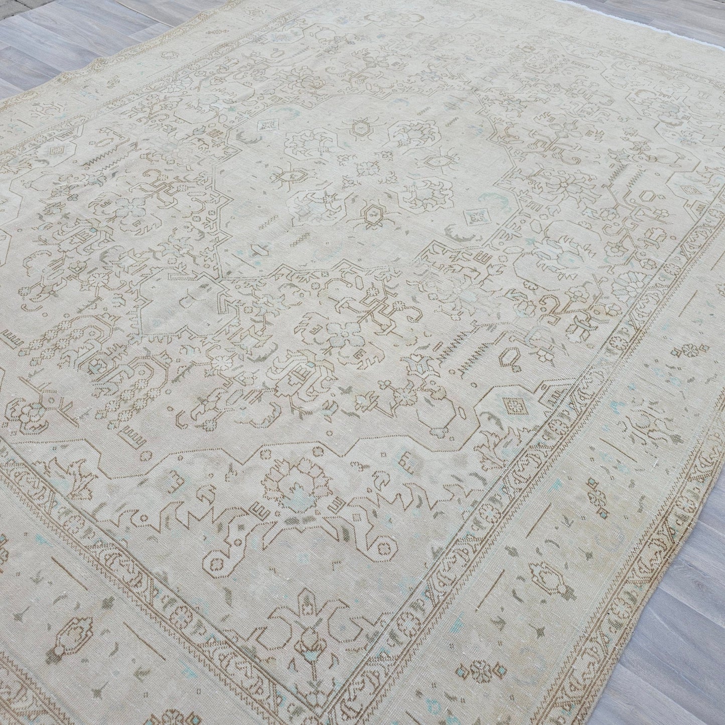 Oushak Rug 9x12 / Neutral Area Rug for Diningroom/ 9x12 Turkish Rug / Geometric Oriental Carpet Beige Tan Turquose Taupe