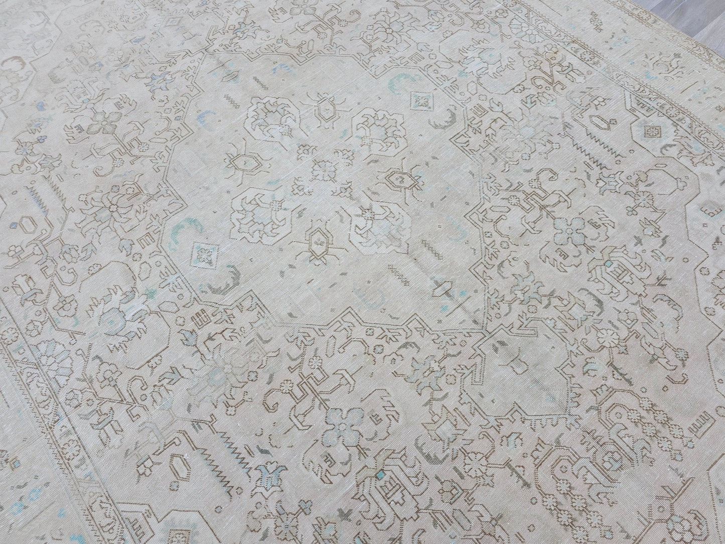 Oushak Rug 9x12 / Neutral Area Rug for Diningroom/ 9x12 Turkish Rug / Geometric Oriental Carpet Beige Tan Turquose Taupe