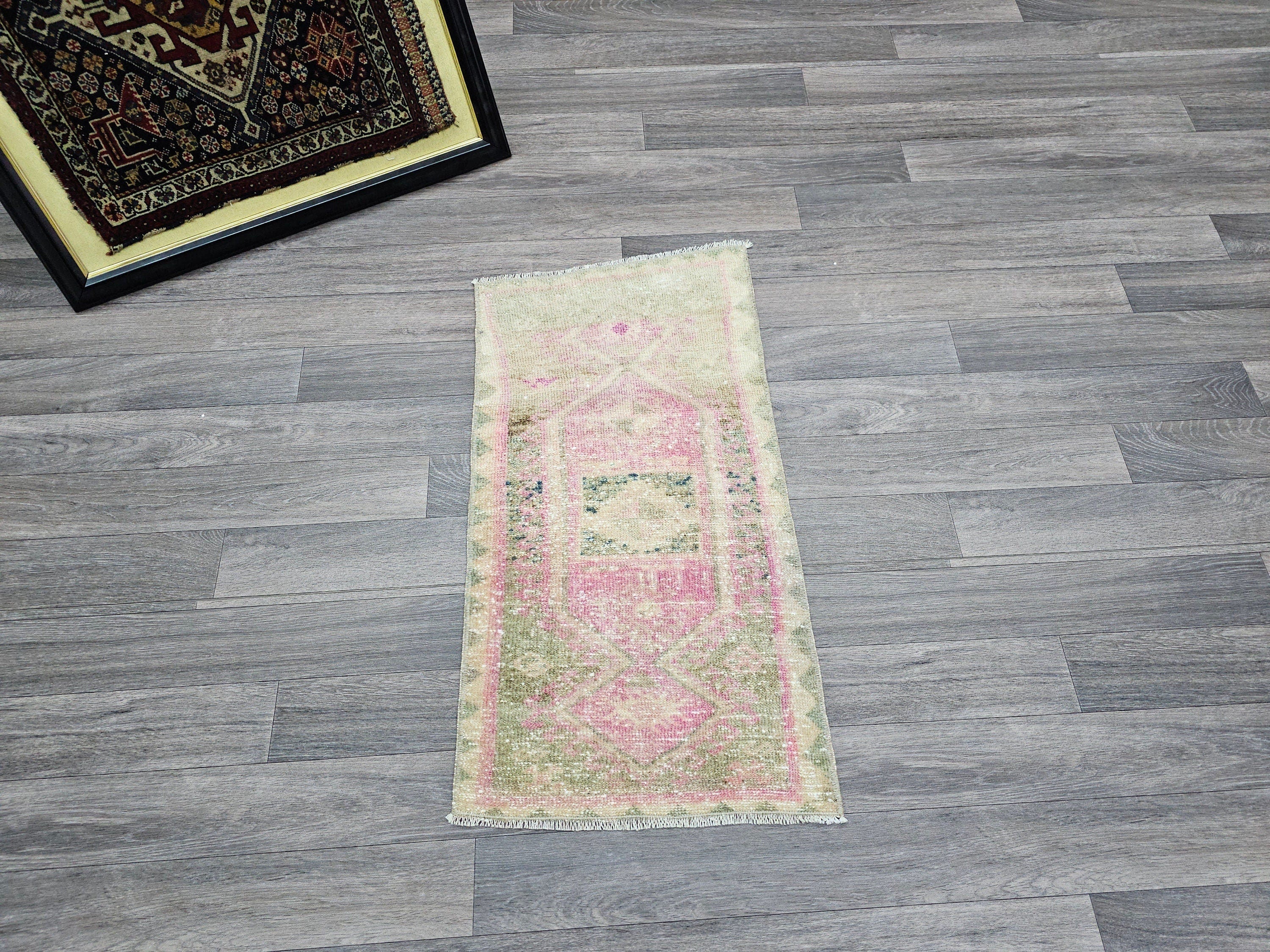 Faded Vintage Oushak Wool Rug: Turkish Doormat Bath Mat (18x33 inches)