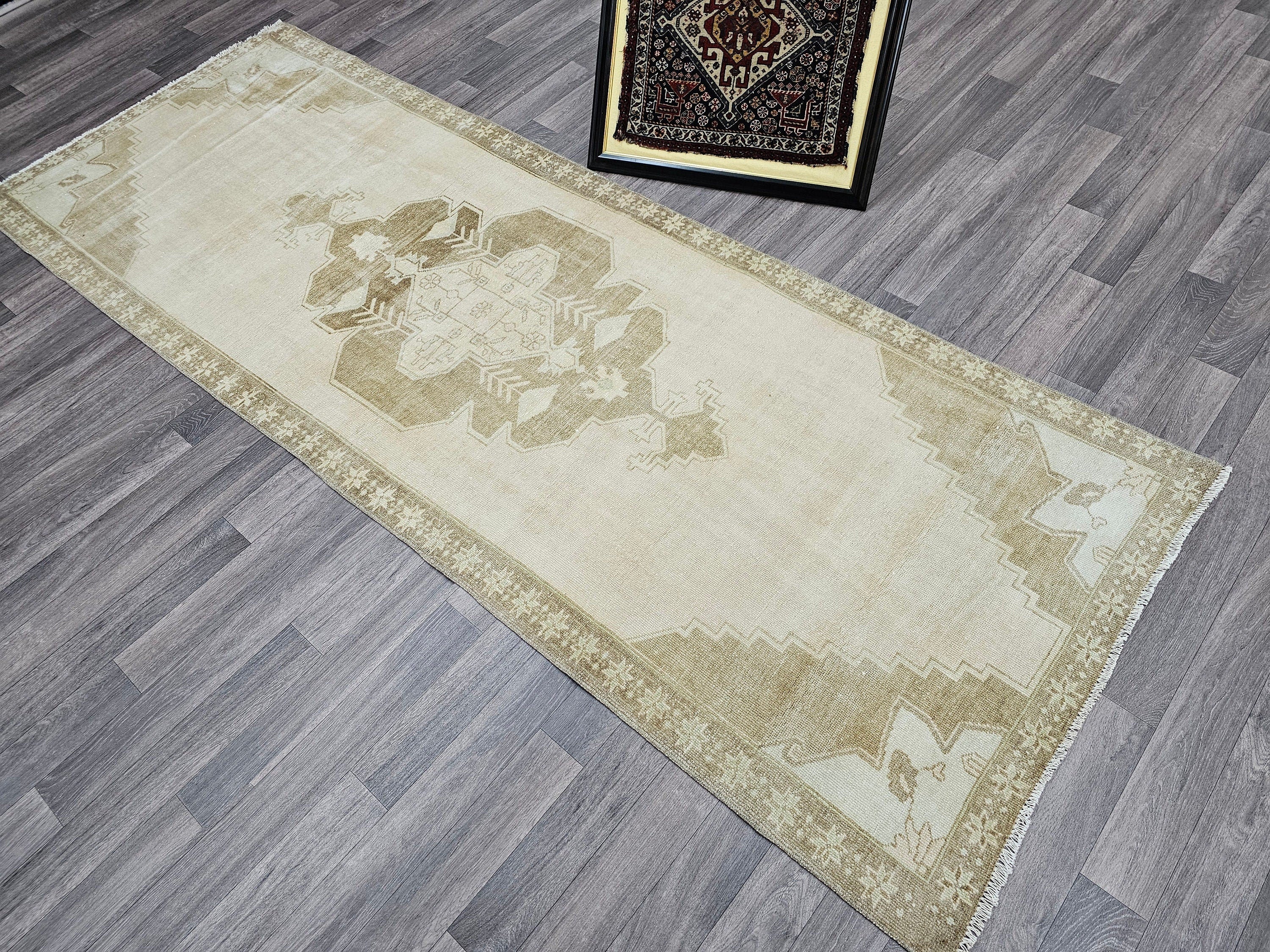 Wide Oushak Runner / 3.50x9.40 feet Hand Knotted Vintage Turkish rug Neutral Color