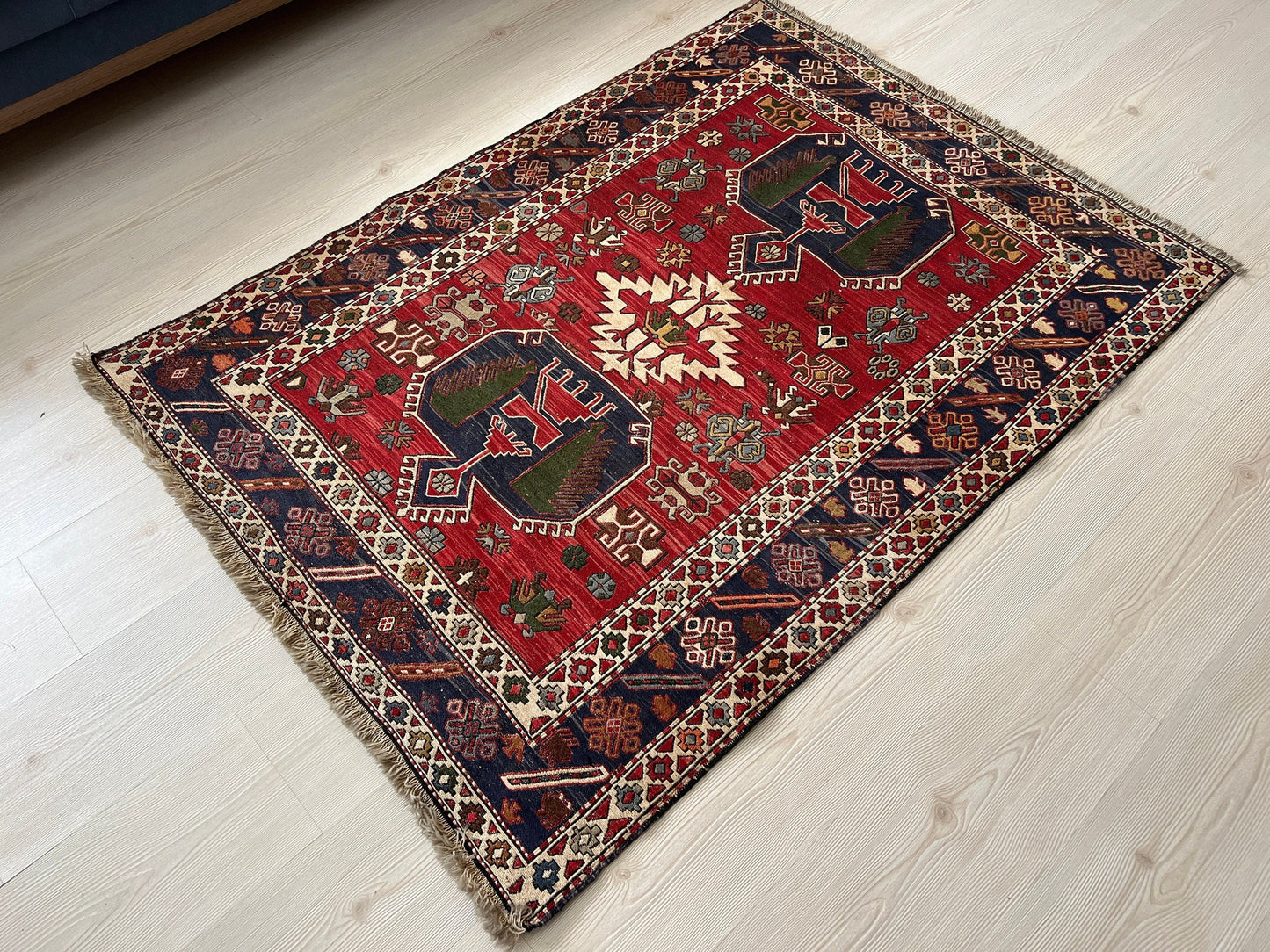 Vintage Anatolian Soumak Wool Rug: 4x5 Tribal Entryway Carpet