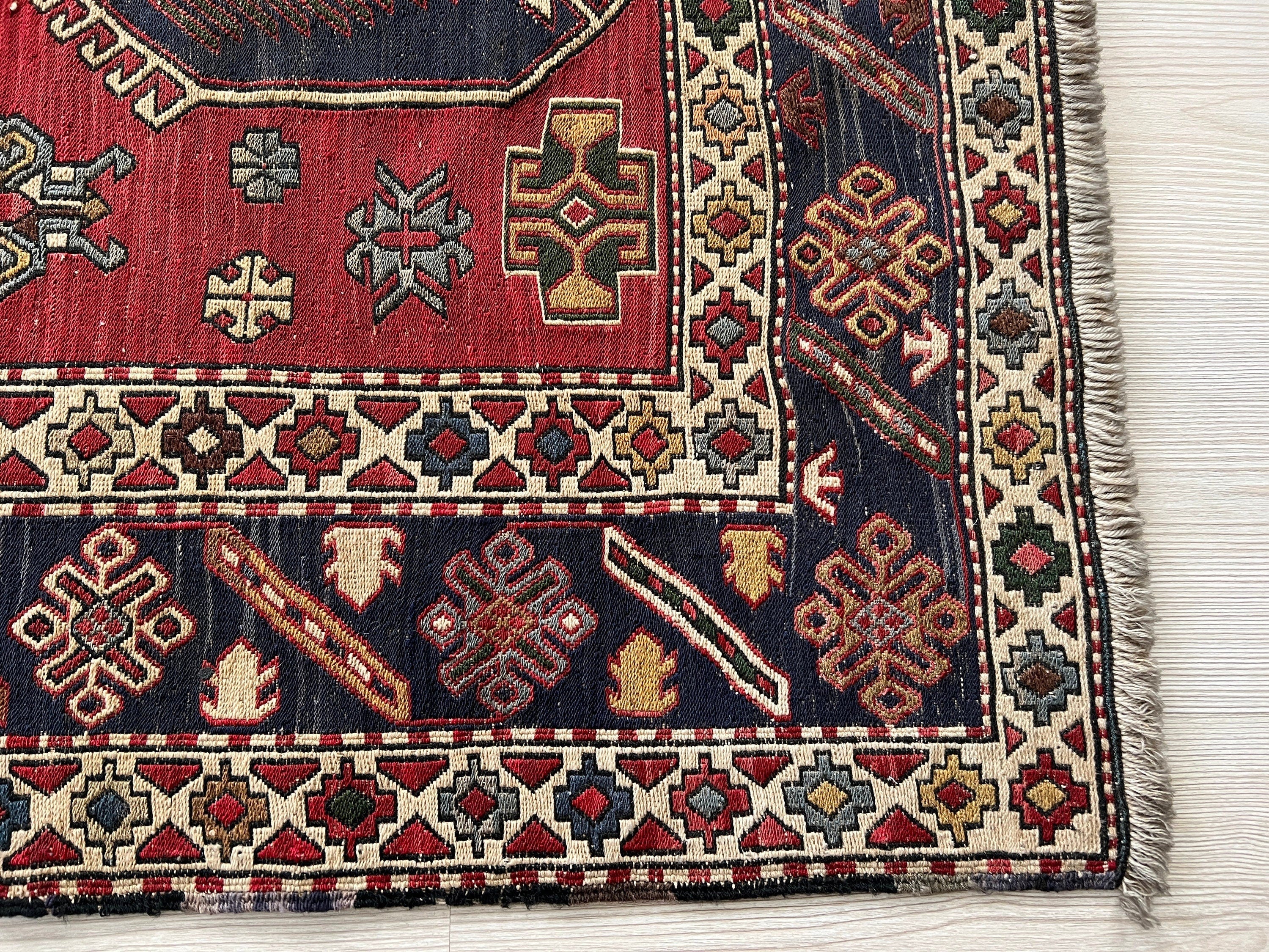 Vintage Anatolian Soumak Wool Rug: 4x5 Tribal Entryway Carpet