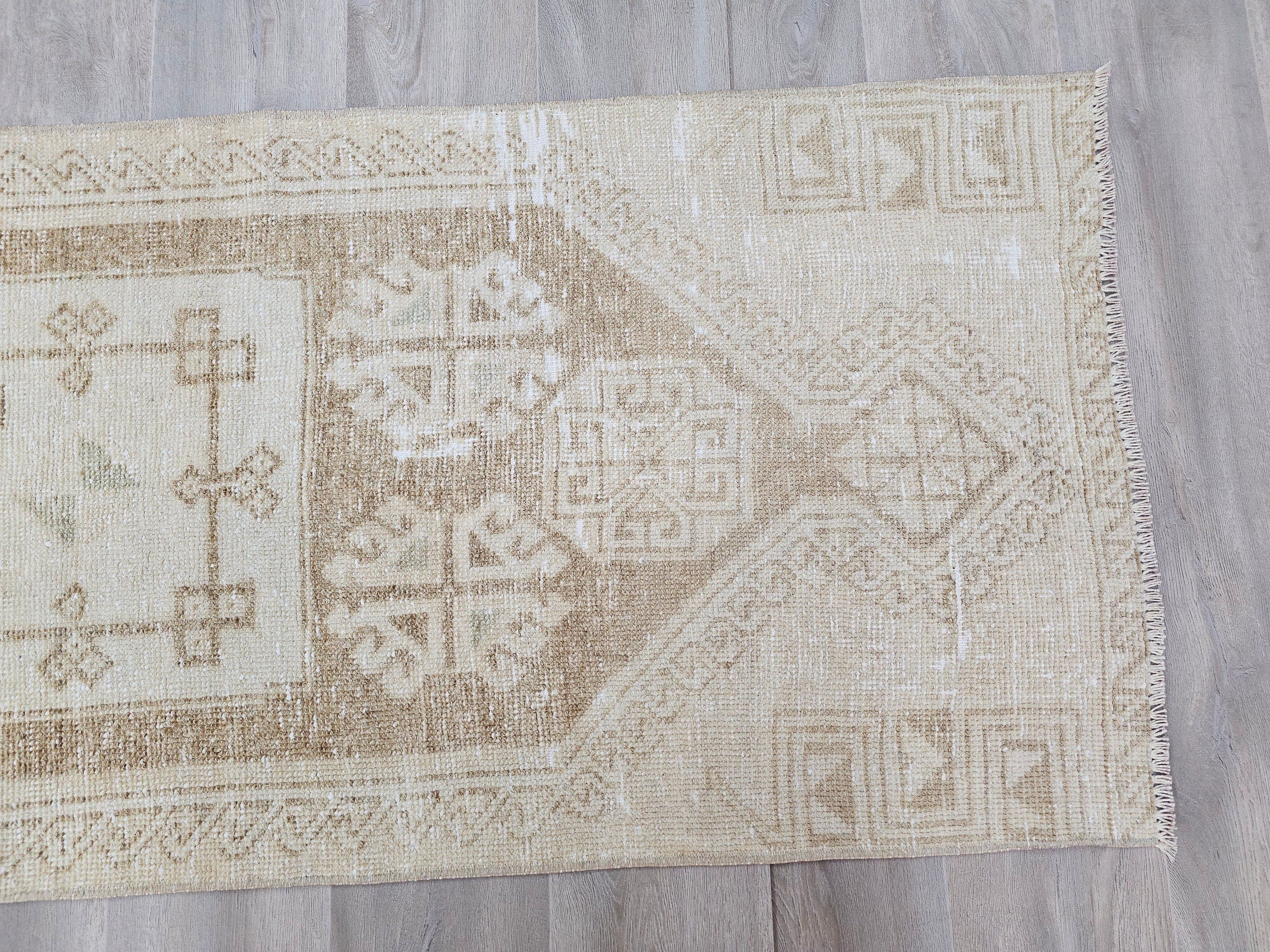 Hand Knotted Turkish Wool Runner Rug: Neutral Anatolian Design (2.50x11.85 feet)