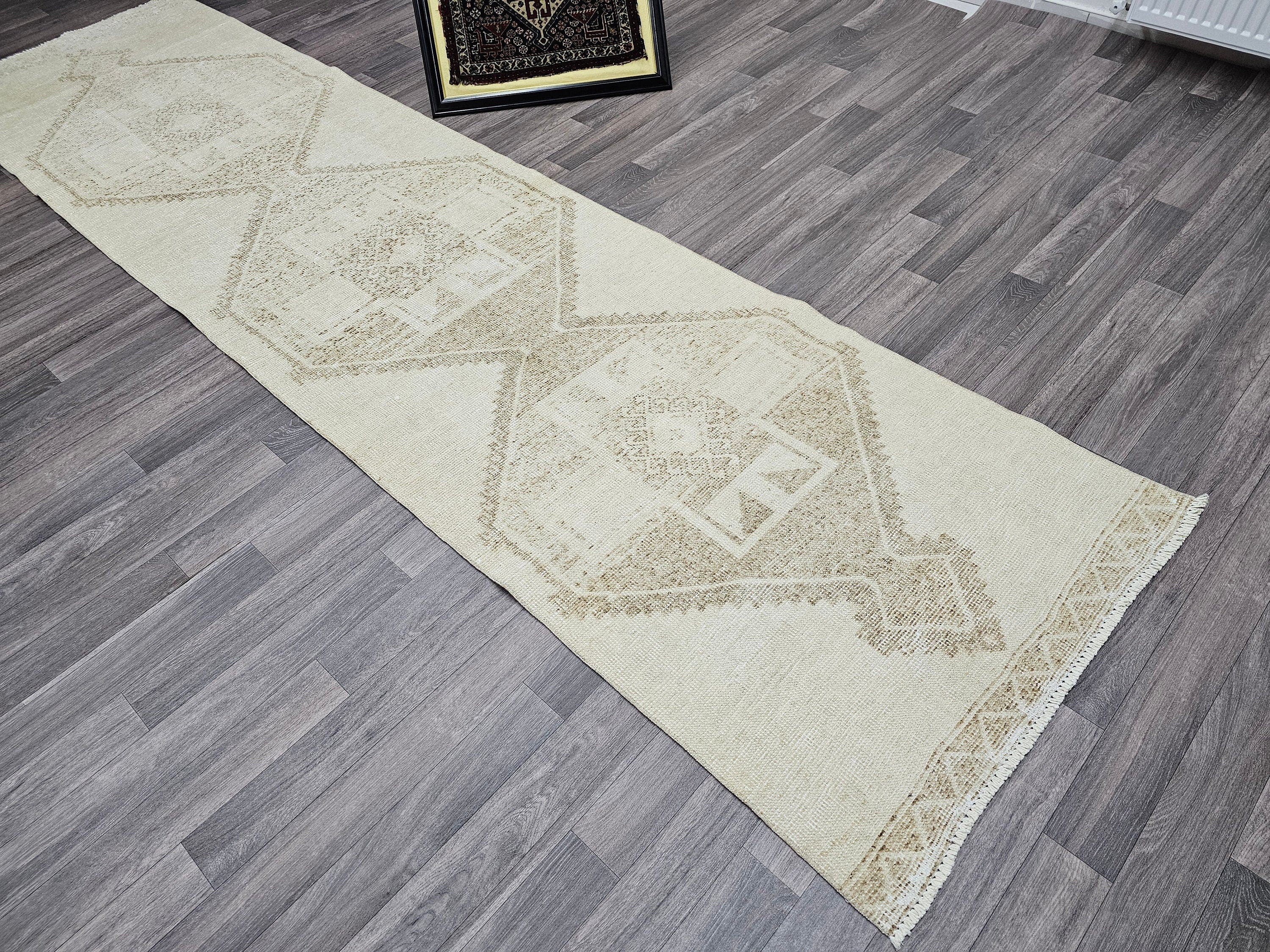 Hand Knotted Wool Oushak Runner: 3x12 ft Neutral Turkish Rug