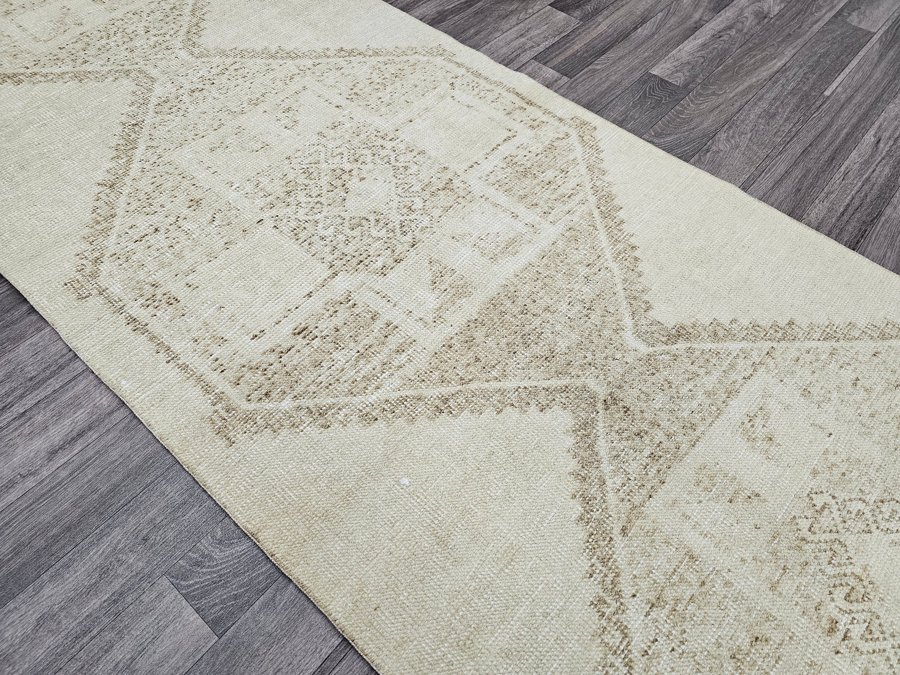 Hand Knotted Wool Oushak Runner: 3x12 ft Neutral Turkish Rug