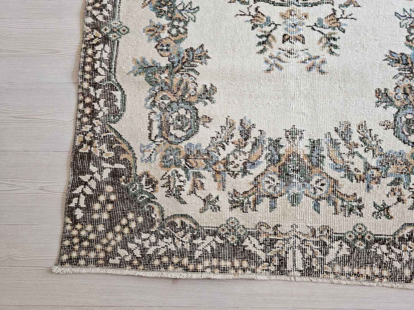 4x7 Vintage Turkish Oushak Rug Cream Brown Neutral Rug