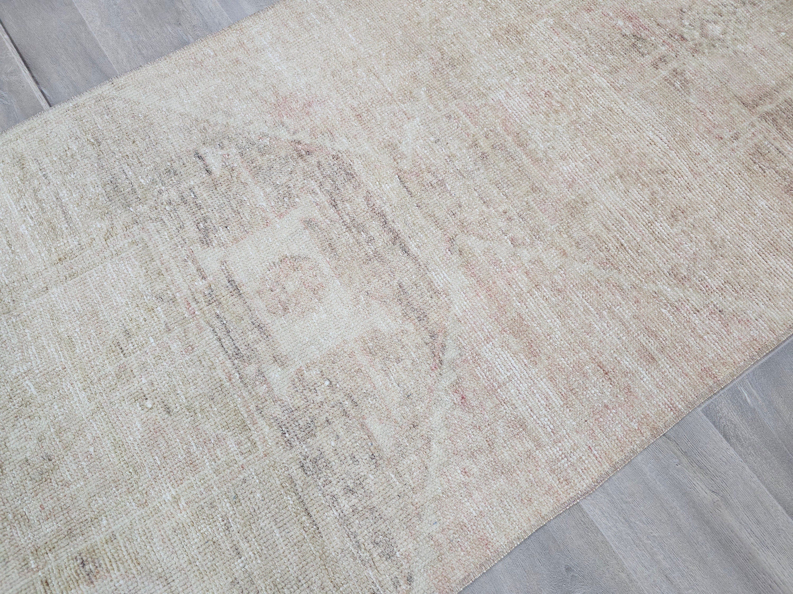 Oushak Turkish Runner Rug 3x13: Neutral Distressed Wool Hallway Rug