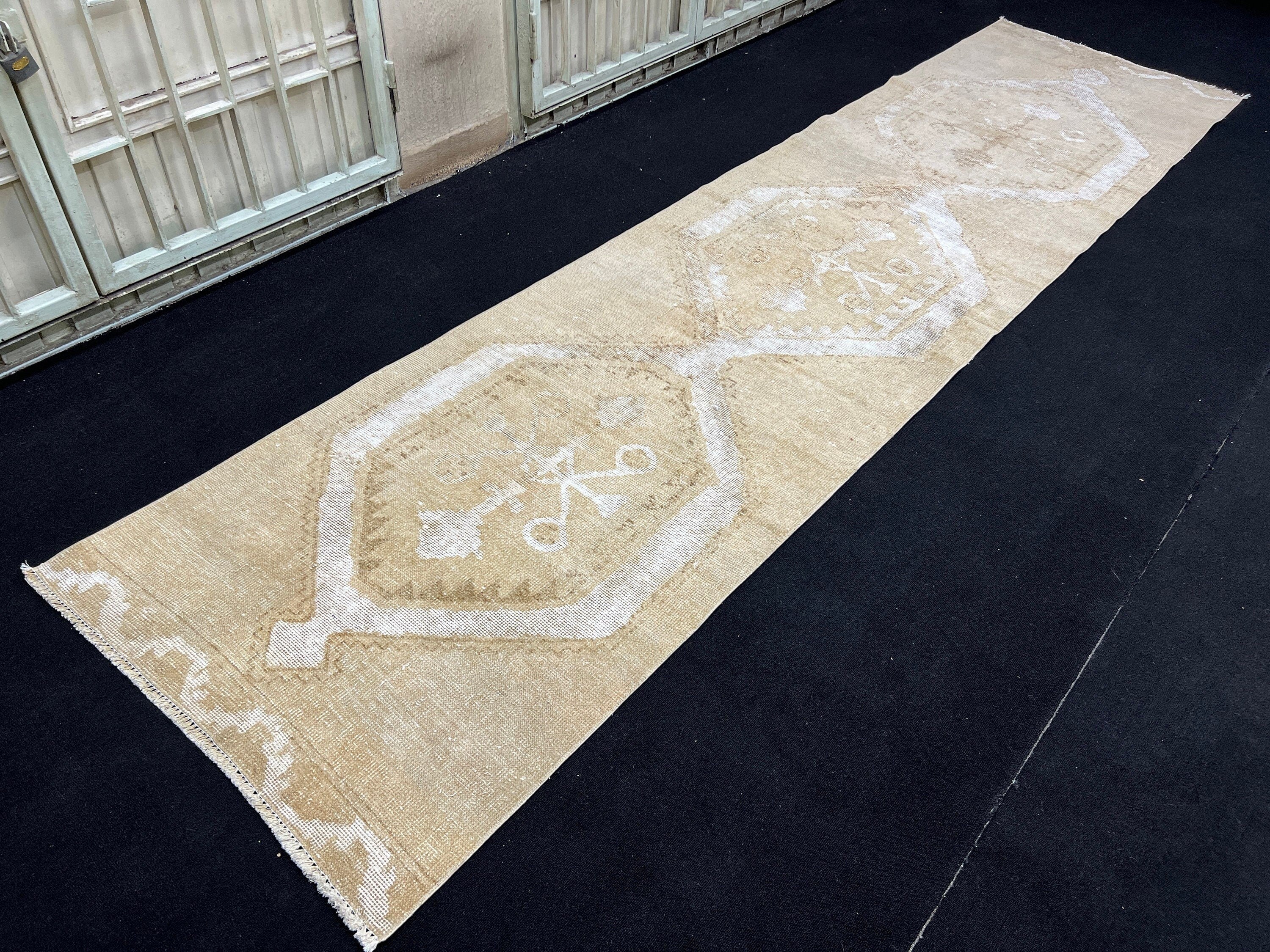 Neutral Distressed Oushak Runner Rug: 3x12 ft Vintage Turkish Hand-Knotted Wool