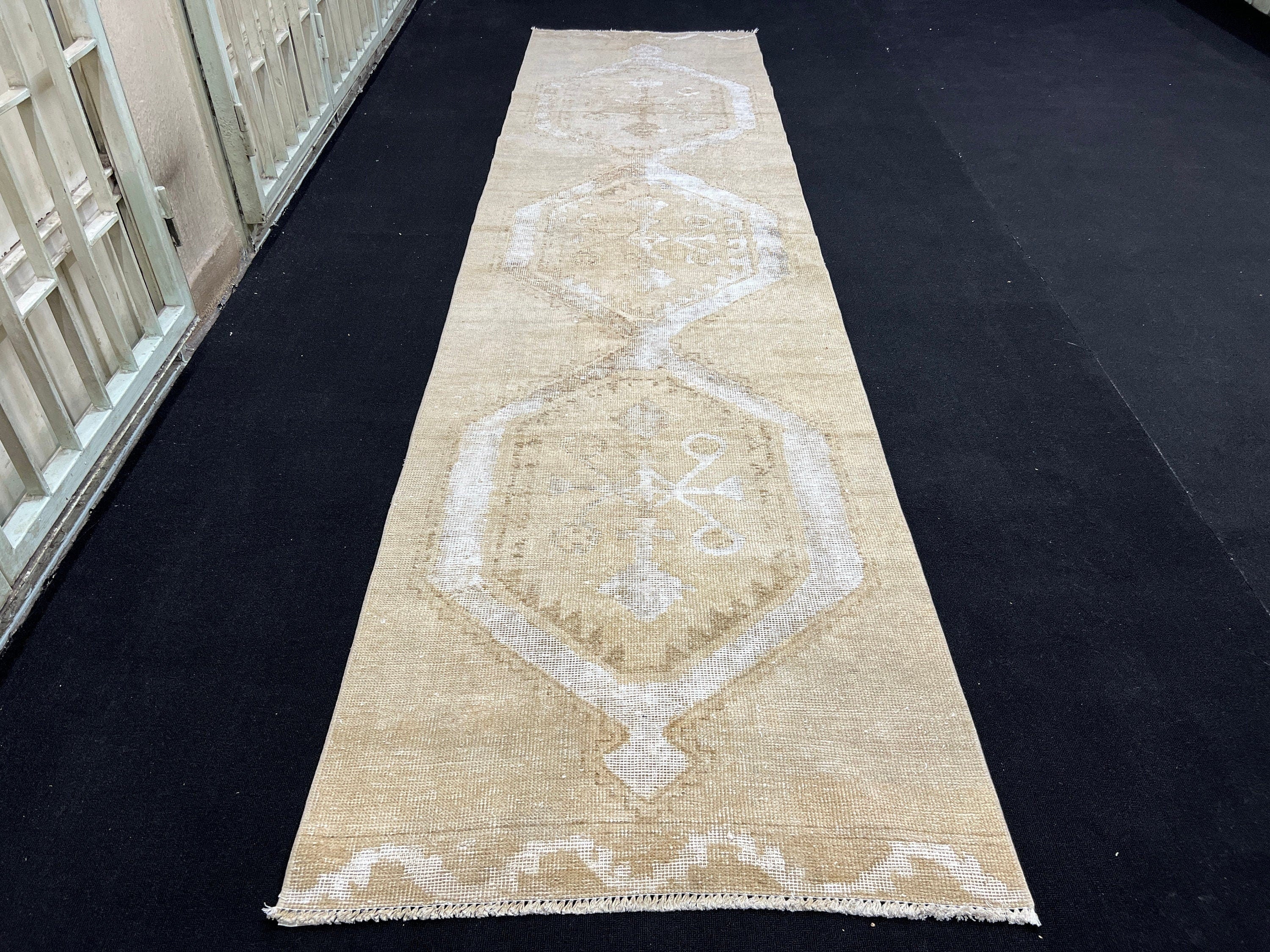 Neutral Distressed Oushak Runner Rug: 3x12 ft Vintage Turkish Hand-Knotted Wool