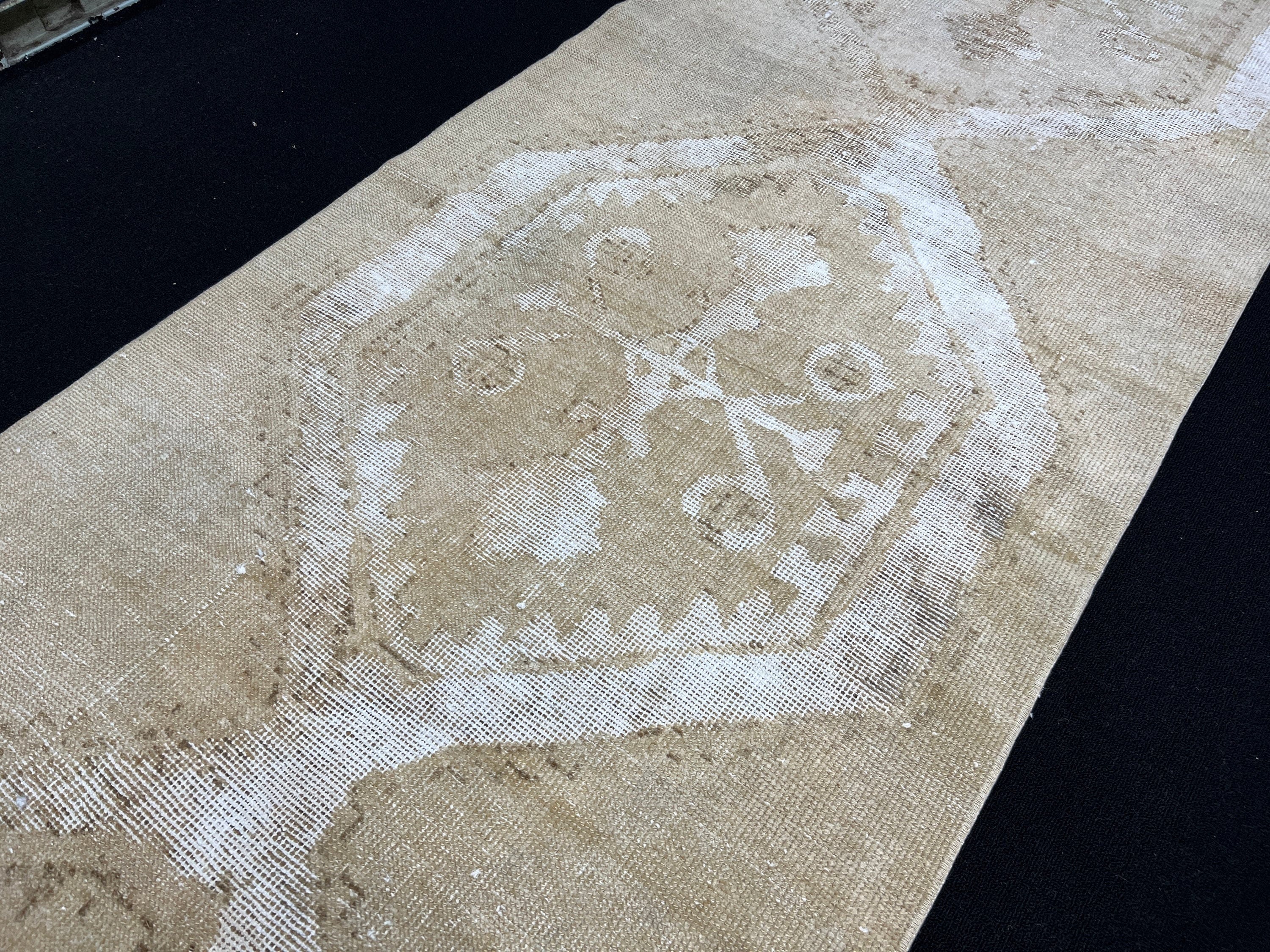 Neutral Distressed Oushak Runner Rug: 3x12 ft Vintage Turkish Hand-Knotted Wool