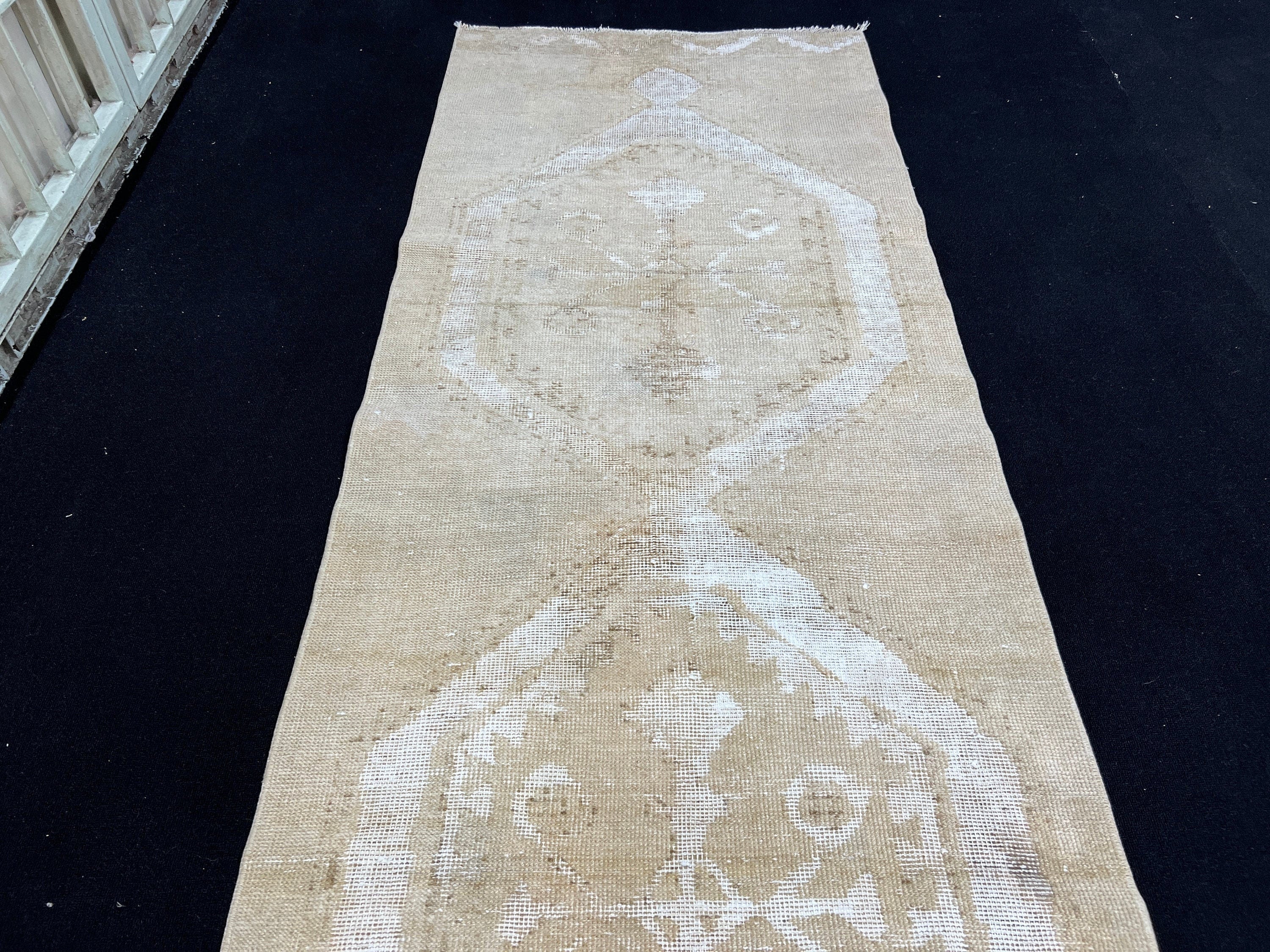 Neutral Distressed Oushak Runner Rug: 3x12 ft Vintage Turkish Hand-Knotted Wool