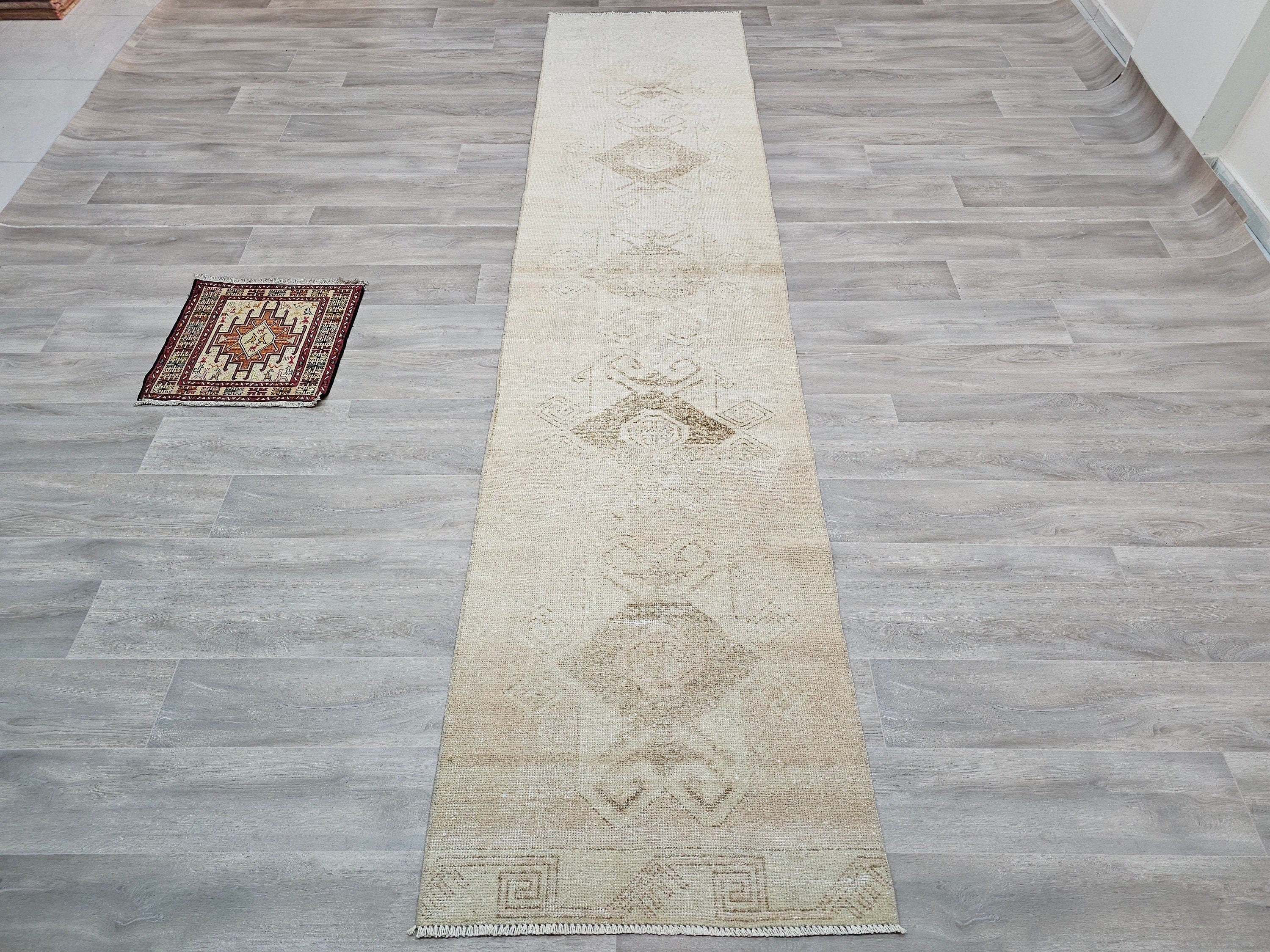 Hand Knotted Turkish Runner Rug 3x12: Vintage Wool Hallway Carpet
