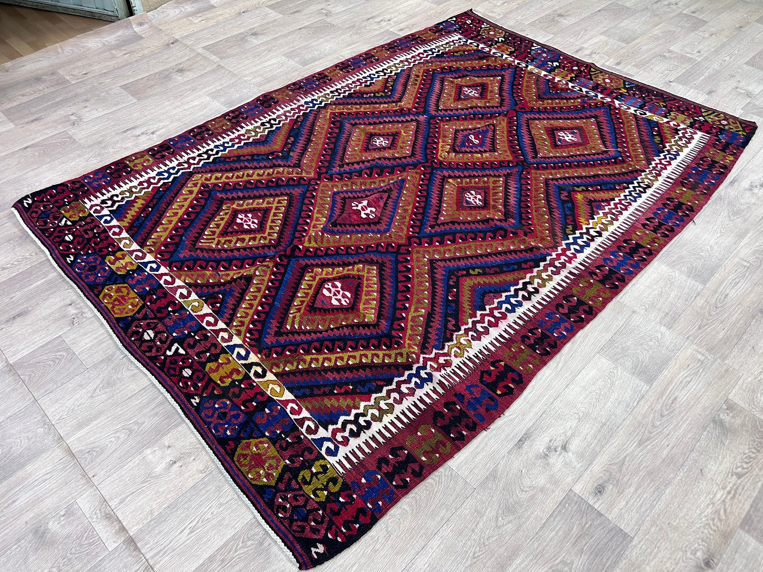 Vintage Turkish Kilim Rug: 6x9 Blue Geometric Wool Rug