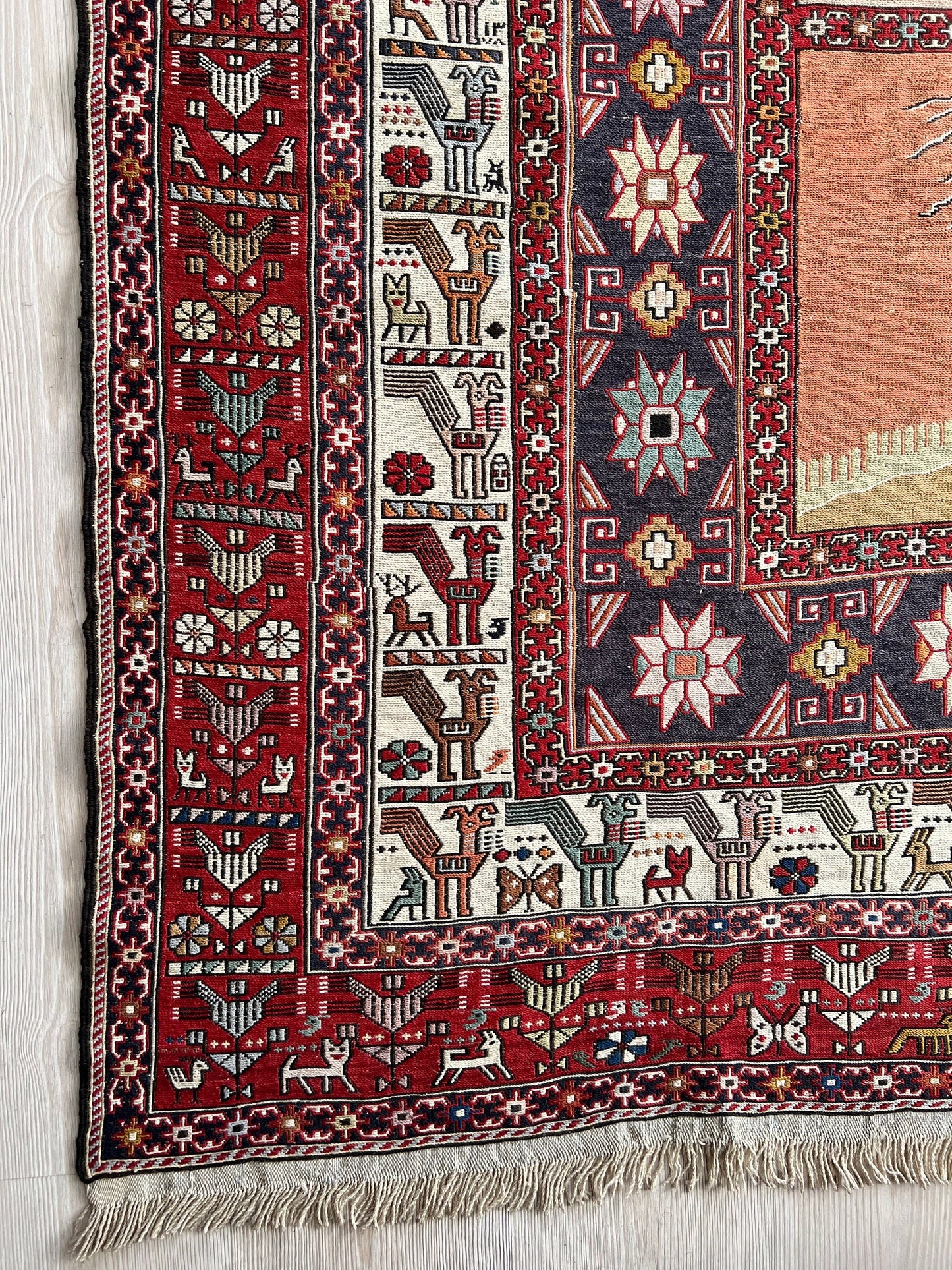Vintage Soumak Rug: 6.10x9.60 ft, Turkish Animal Design Rug