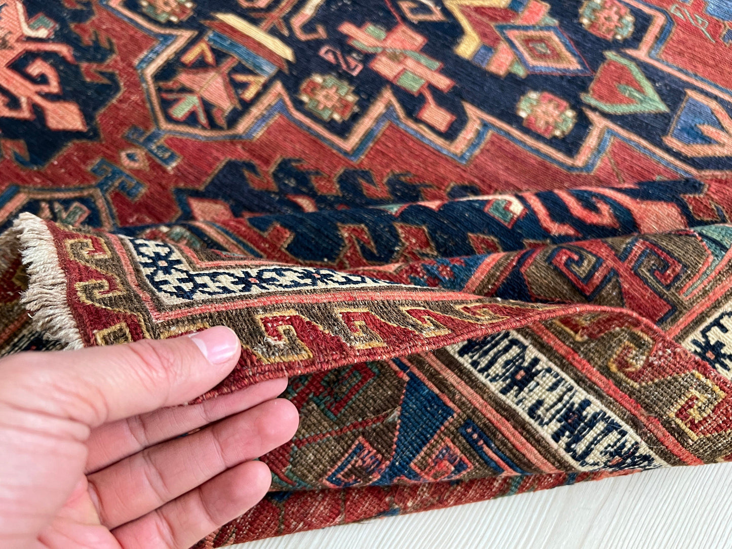Antique Caucasian Soumak Rug: Hand-Knotted Wool, Tribal Design (5x6.35 ft)