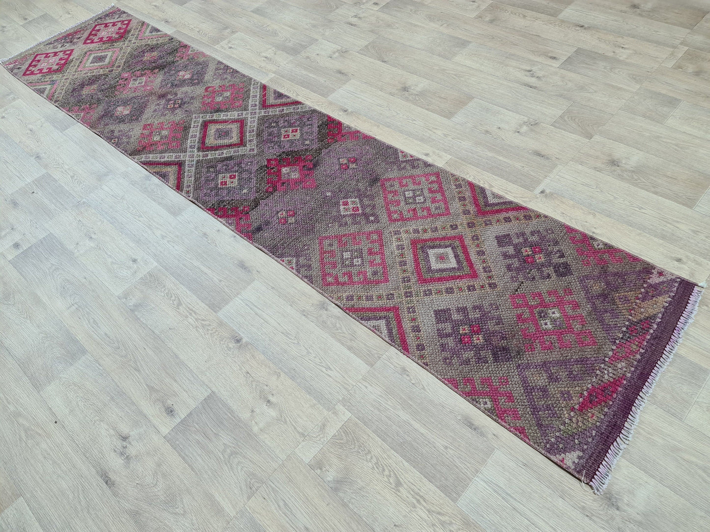 Hand Knotted Wool Herki Runner Rug: Vintage Turkish Hallway Rug