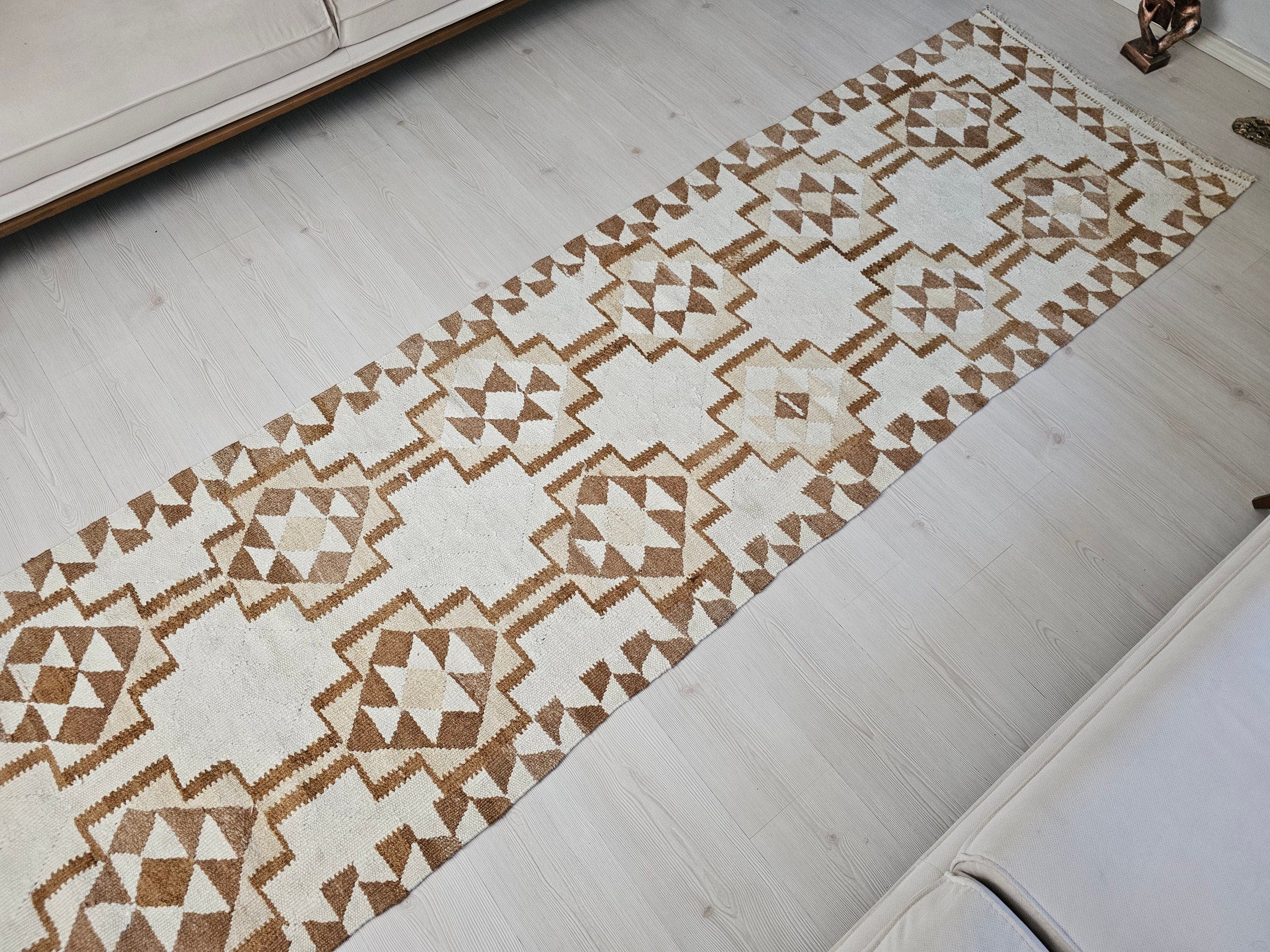 Vintage Turkish Oushak Runner Rug: Neutral Geometric Wool Hallway Rug (3.10x10.70 feet)
