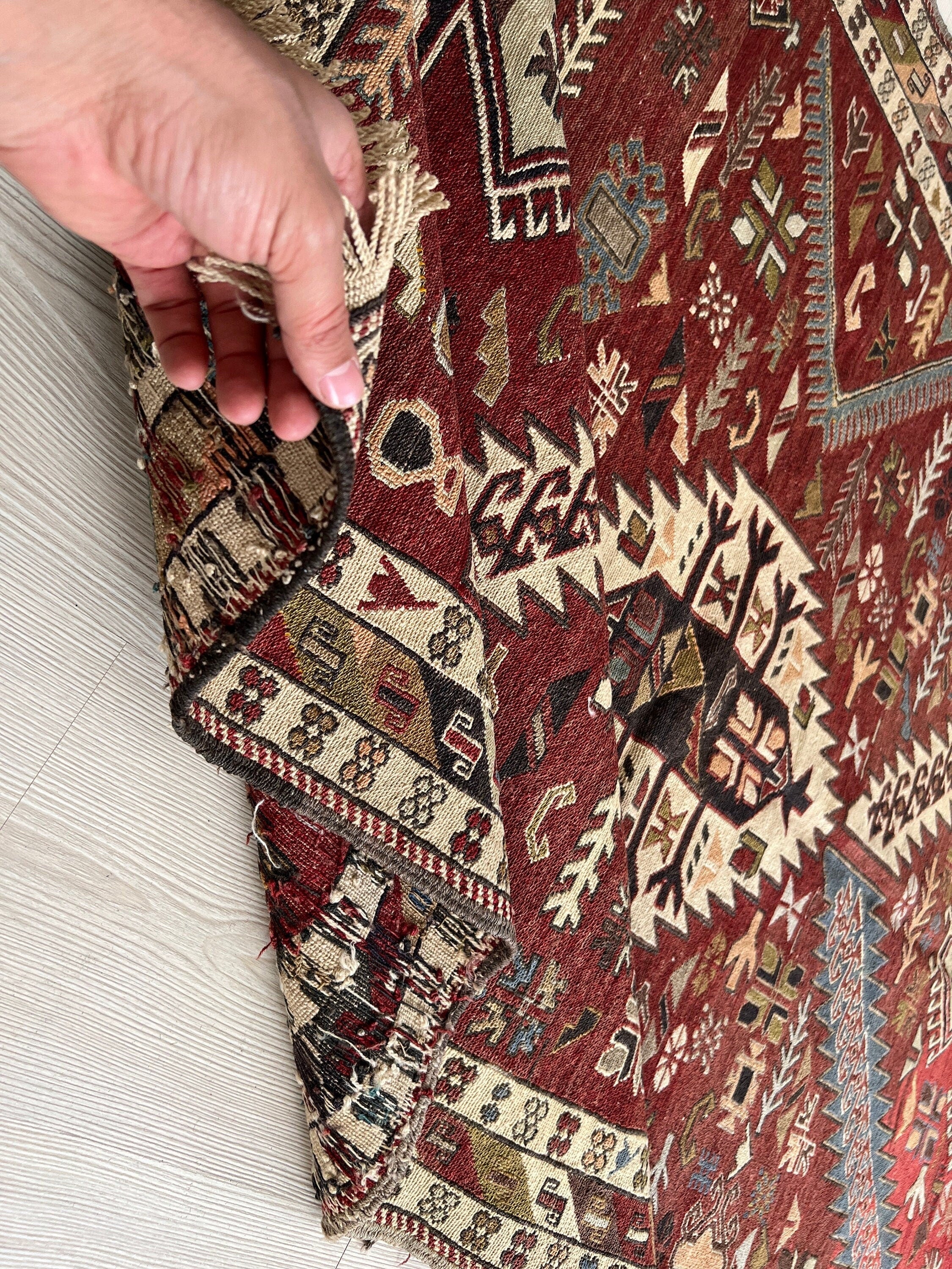 Handmade Cecim Soumak Rug: 4x6 Vintage Anatolian Ethnic Rug