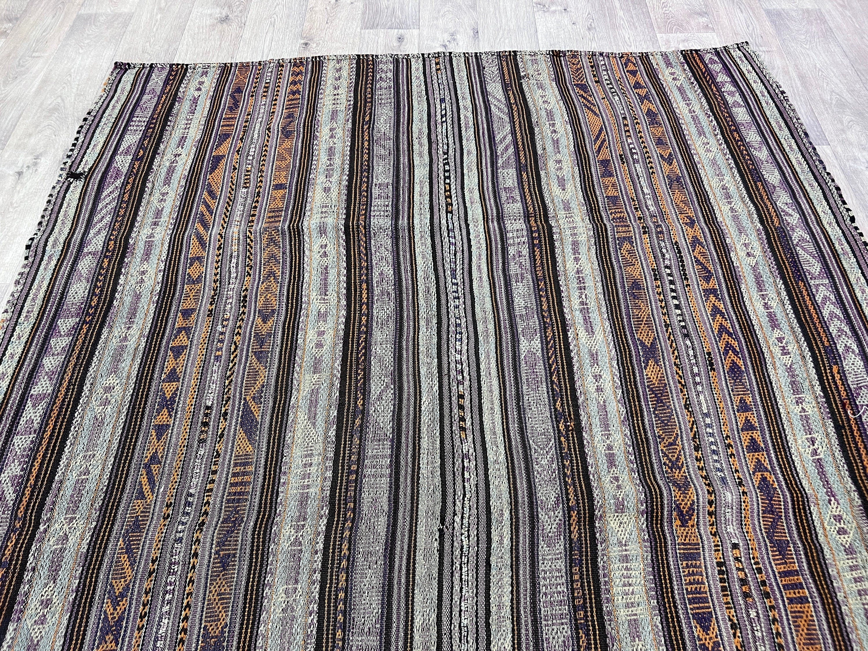 Striped Vintage Turkish Kilim Rug: Handwoven Wool, 5.85x8.30 ft