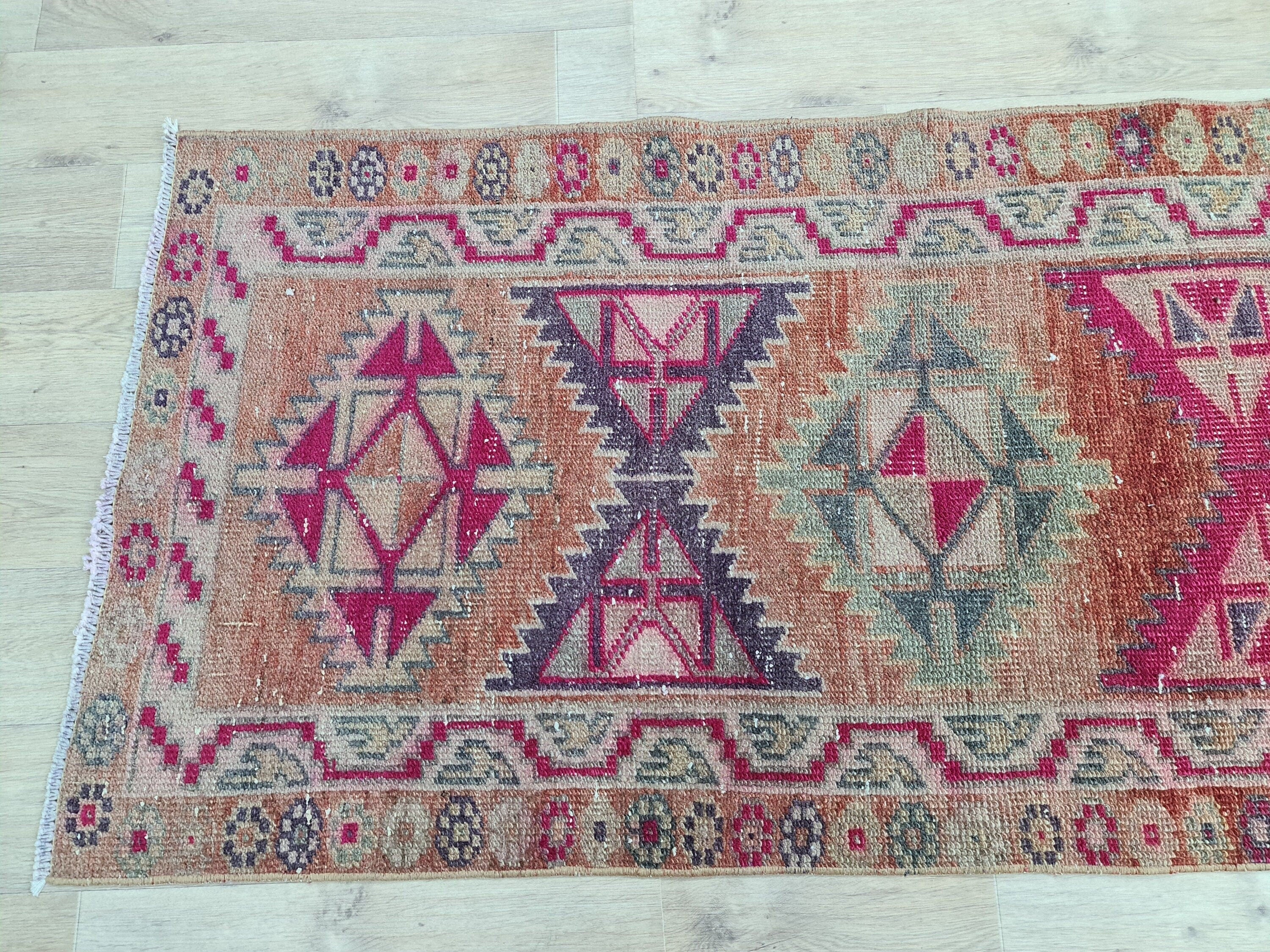Hand Knotted Herki Runner Rug: Muted Colorful Vintage Stair Runner (2.9x13 ft)