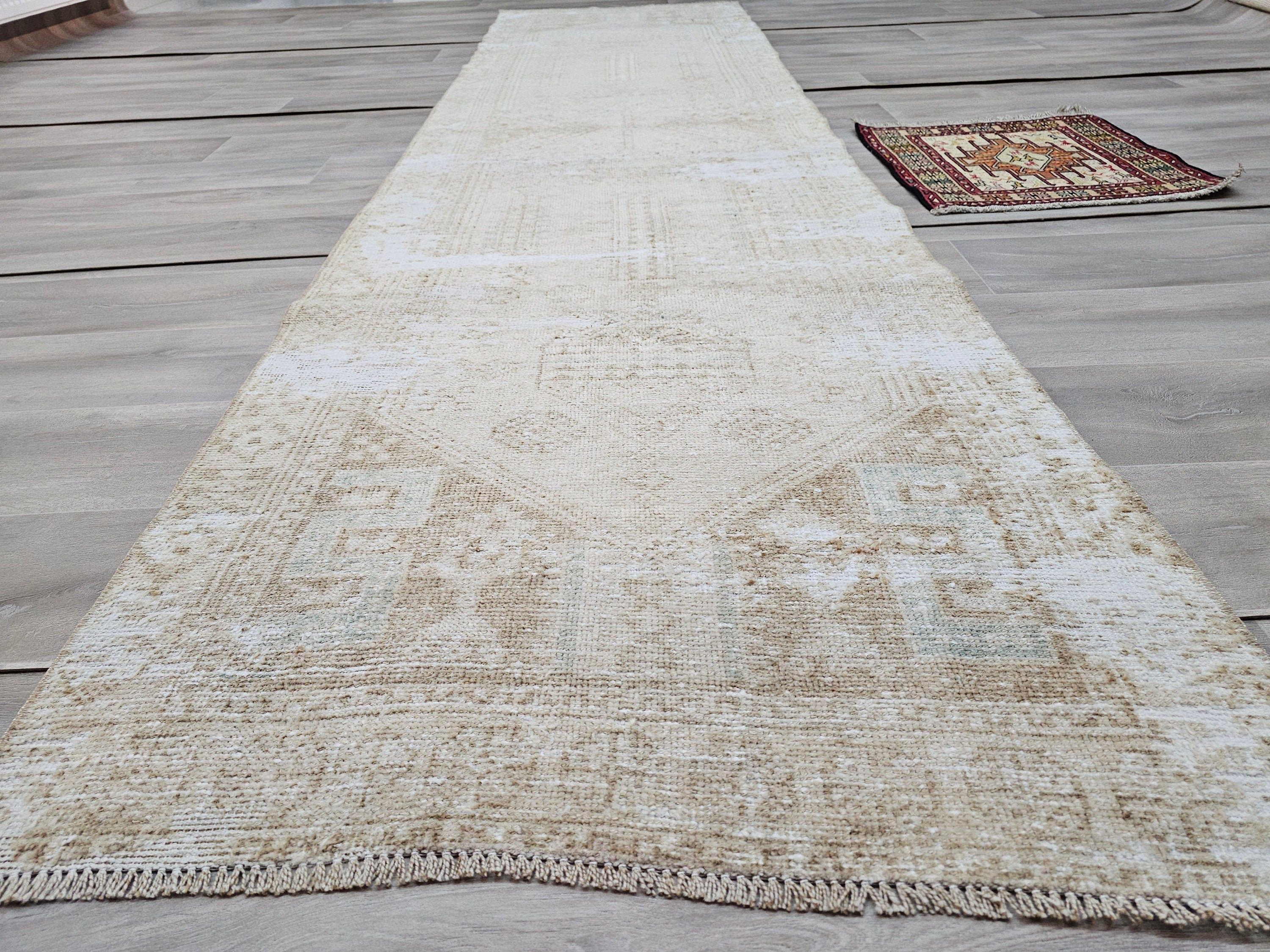 Hand Knotted Wool Runner Rug: Neutral Beige Turkish Oushak, 3x11