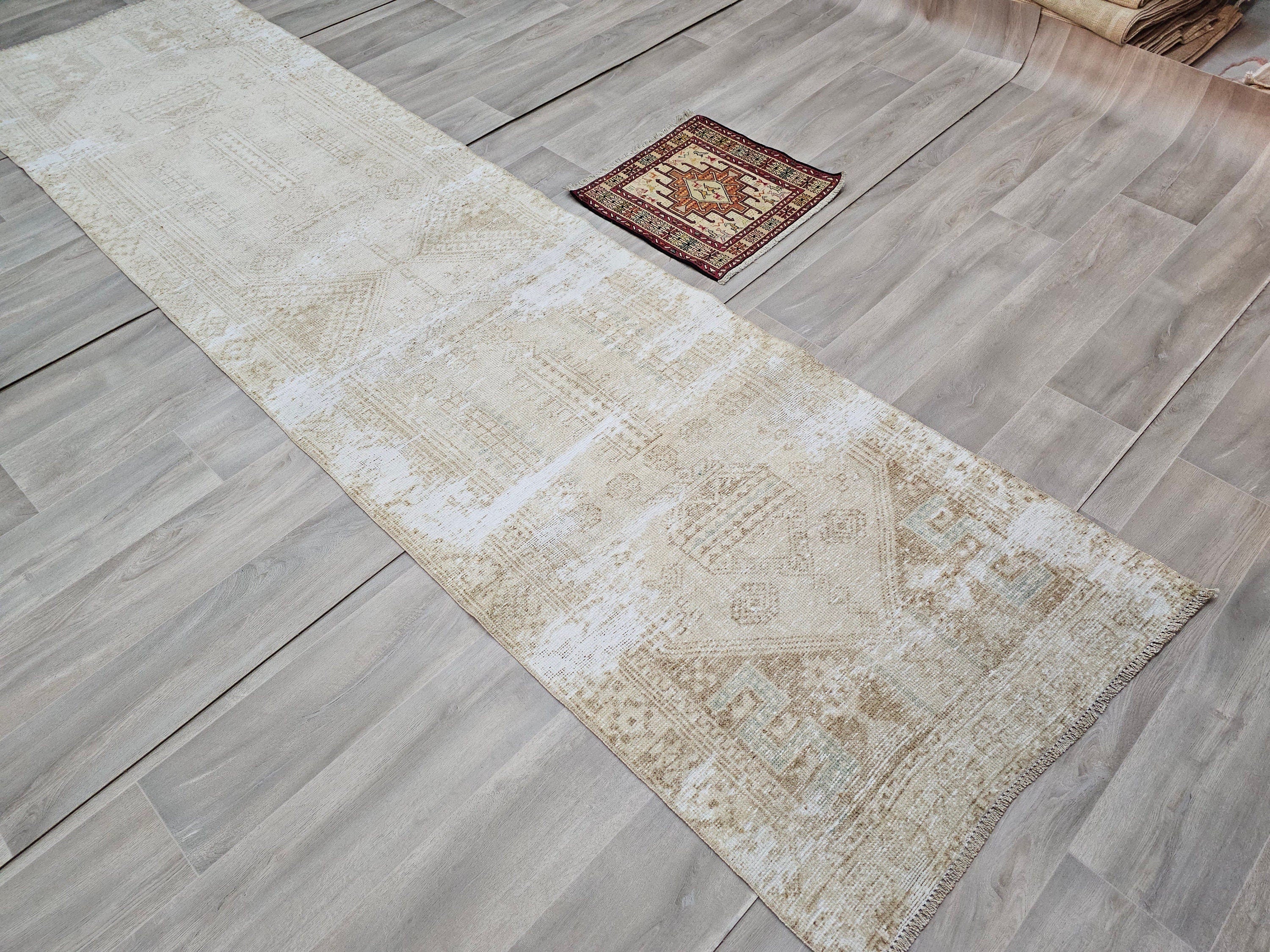 Hand Knotted Wool Runner Rug: Neutral Beige Turkish Oushak, 3x11