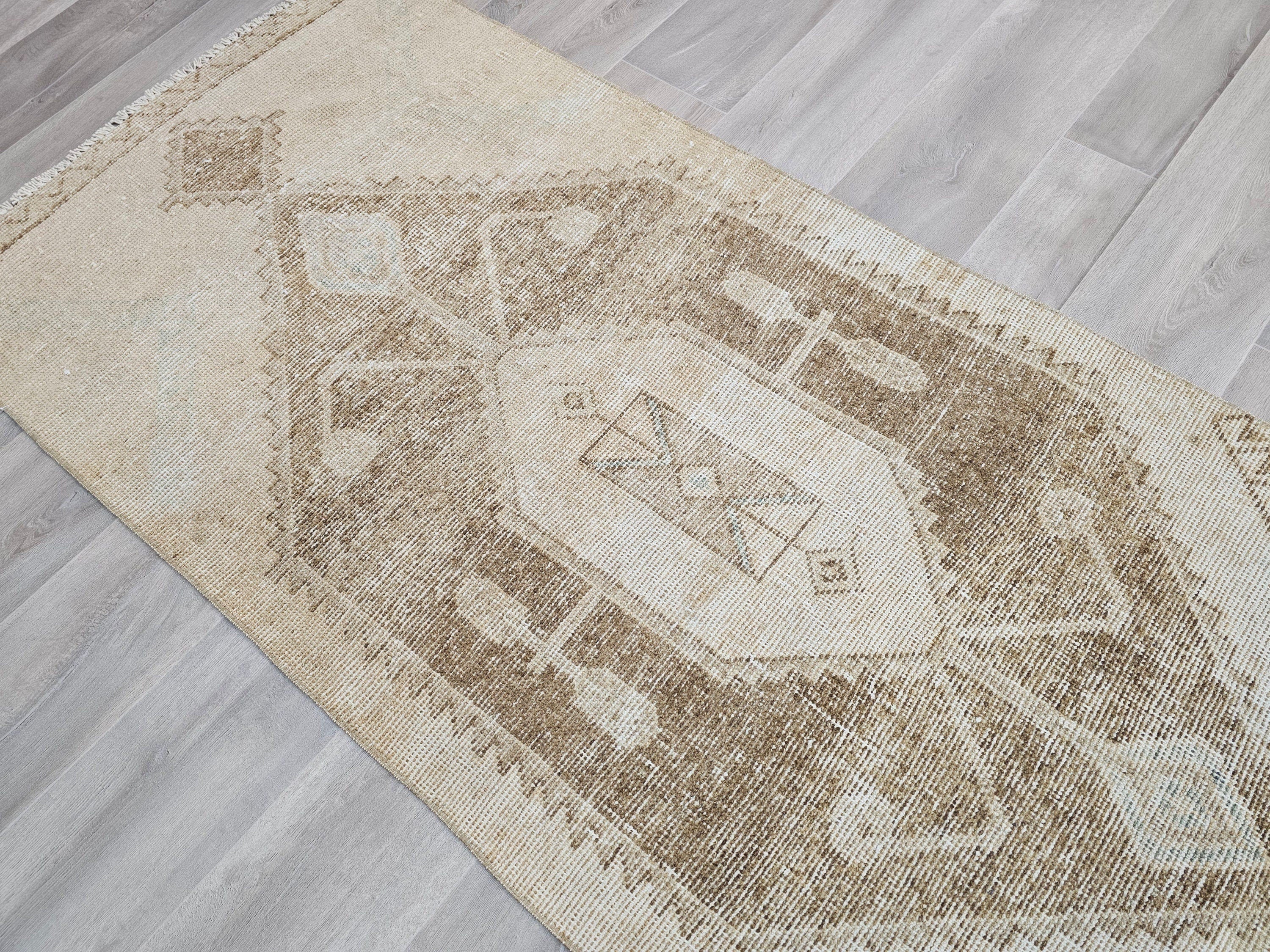 Neutral Turkish Oushak Runner Rug: Hand-Knotted Wool Boho Decor (3x11.5 ft)