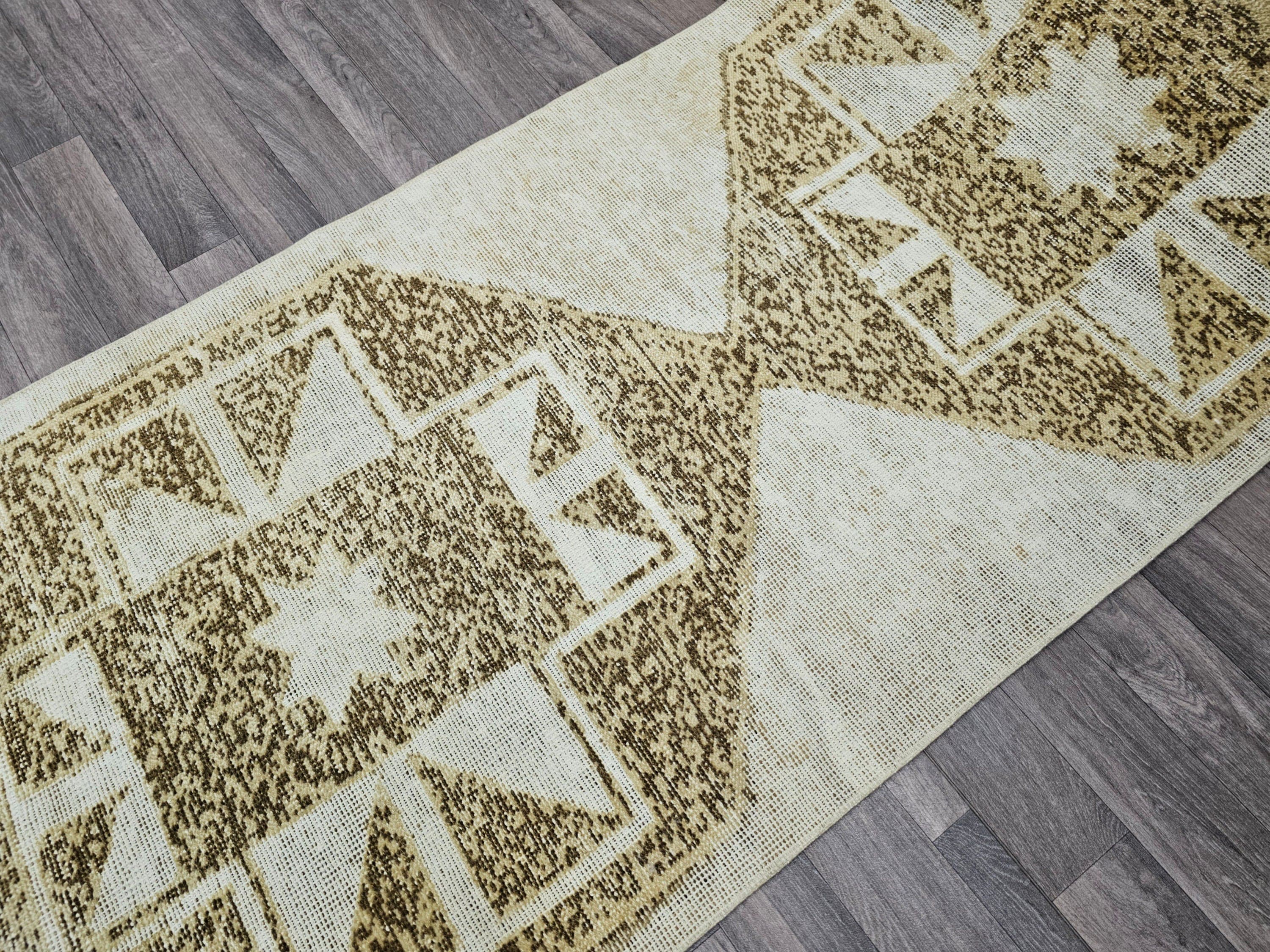 Vintage Turkish Oushak Runner Rug: 3x13 Neutral Wool Hallway Carpet