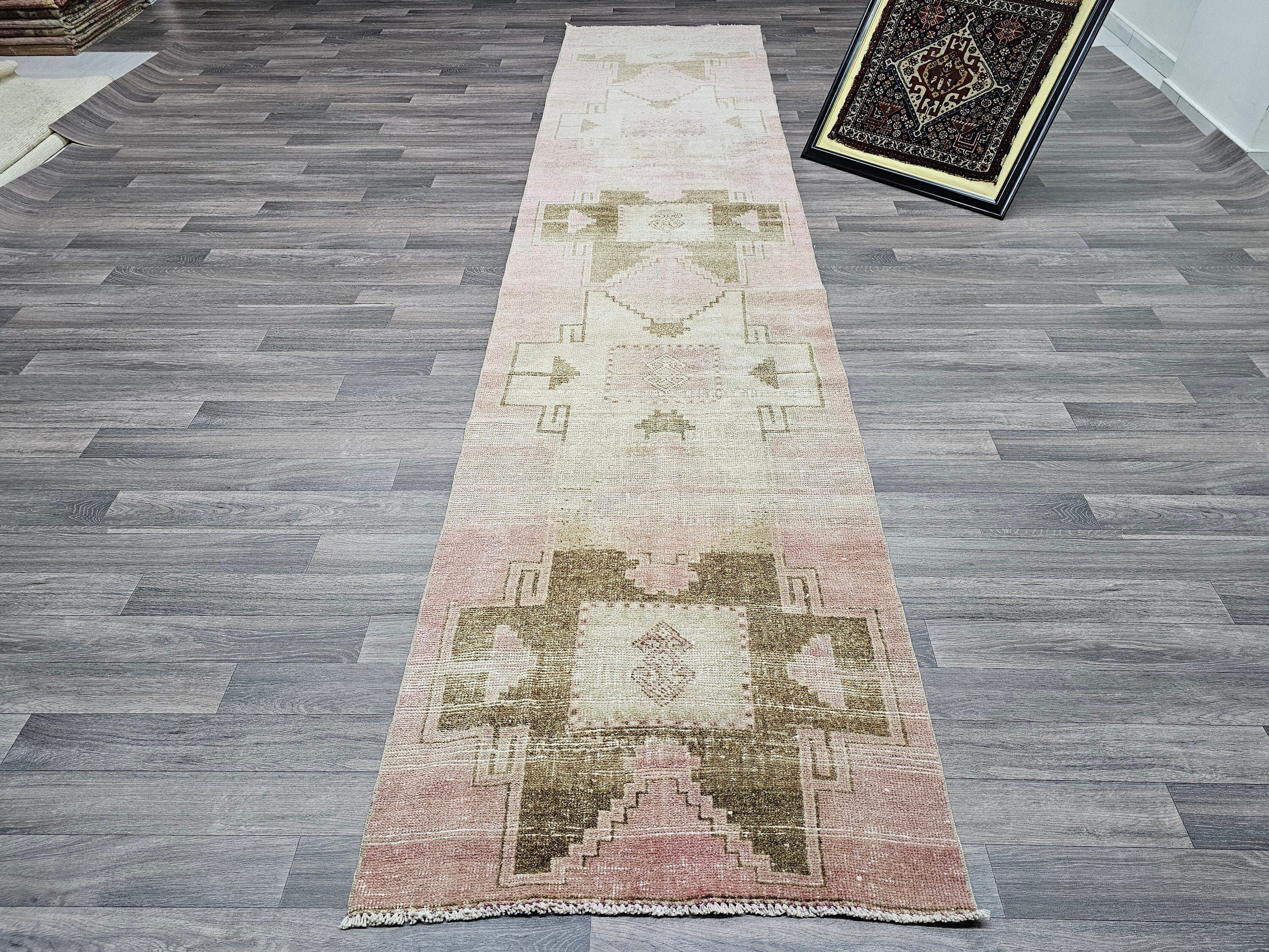 Handmade Wool Turkish Runner Rug: 3x13 Pink Vintage Oushak Design