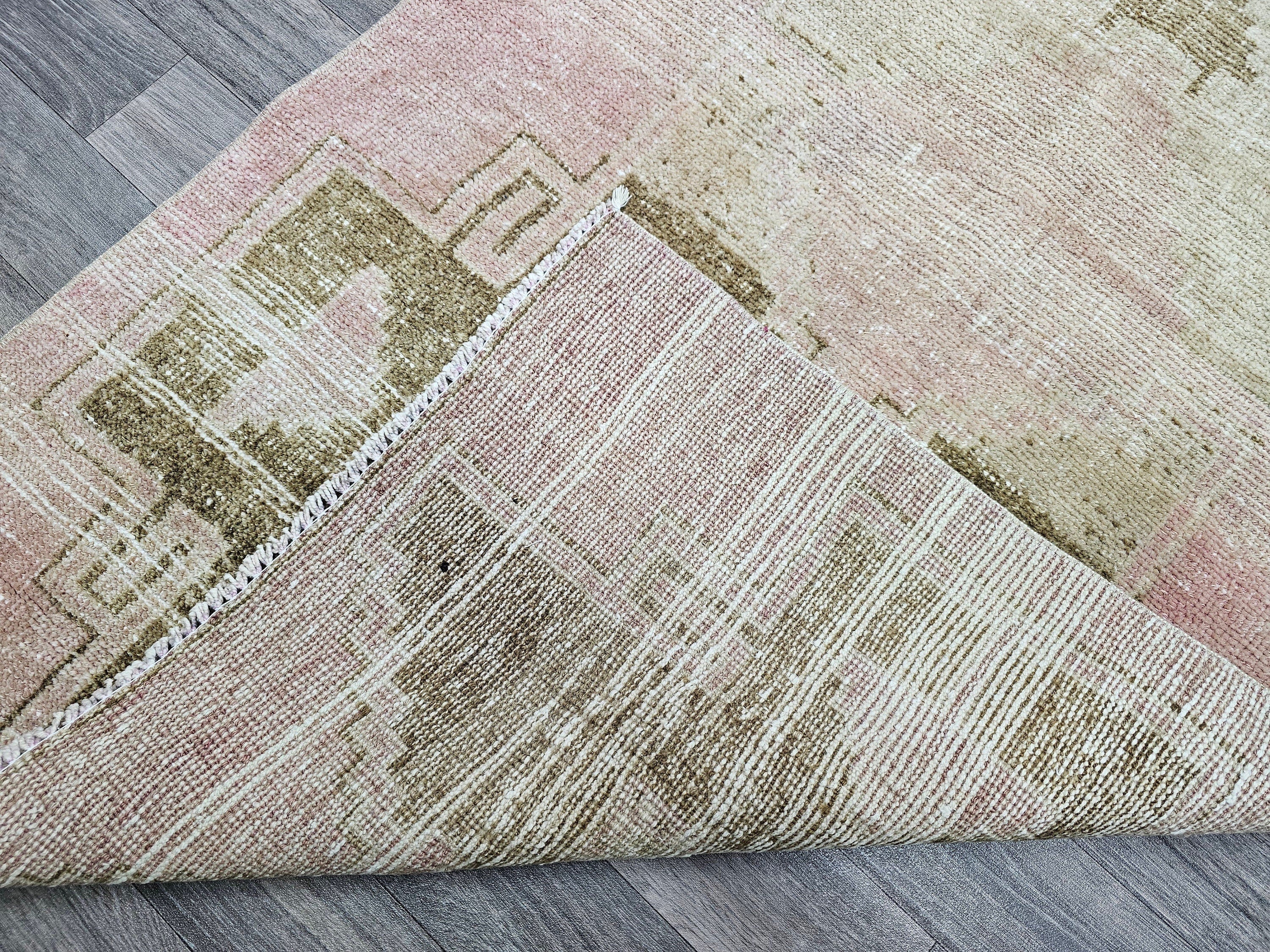 Handmade Wool Turkish Runner Rug: 3x13 Pink Vintage Oushak Design