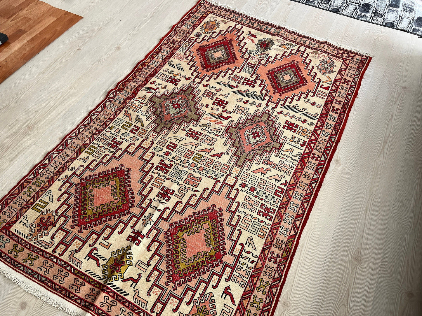 Hand Woven Silk Soumak Rug: Vintage Anatolian Animal Print (4x6)