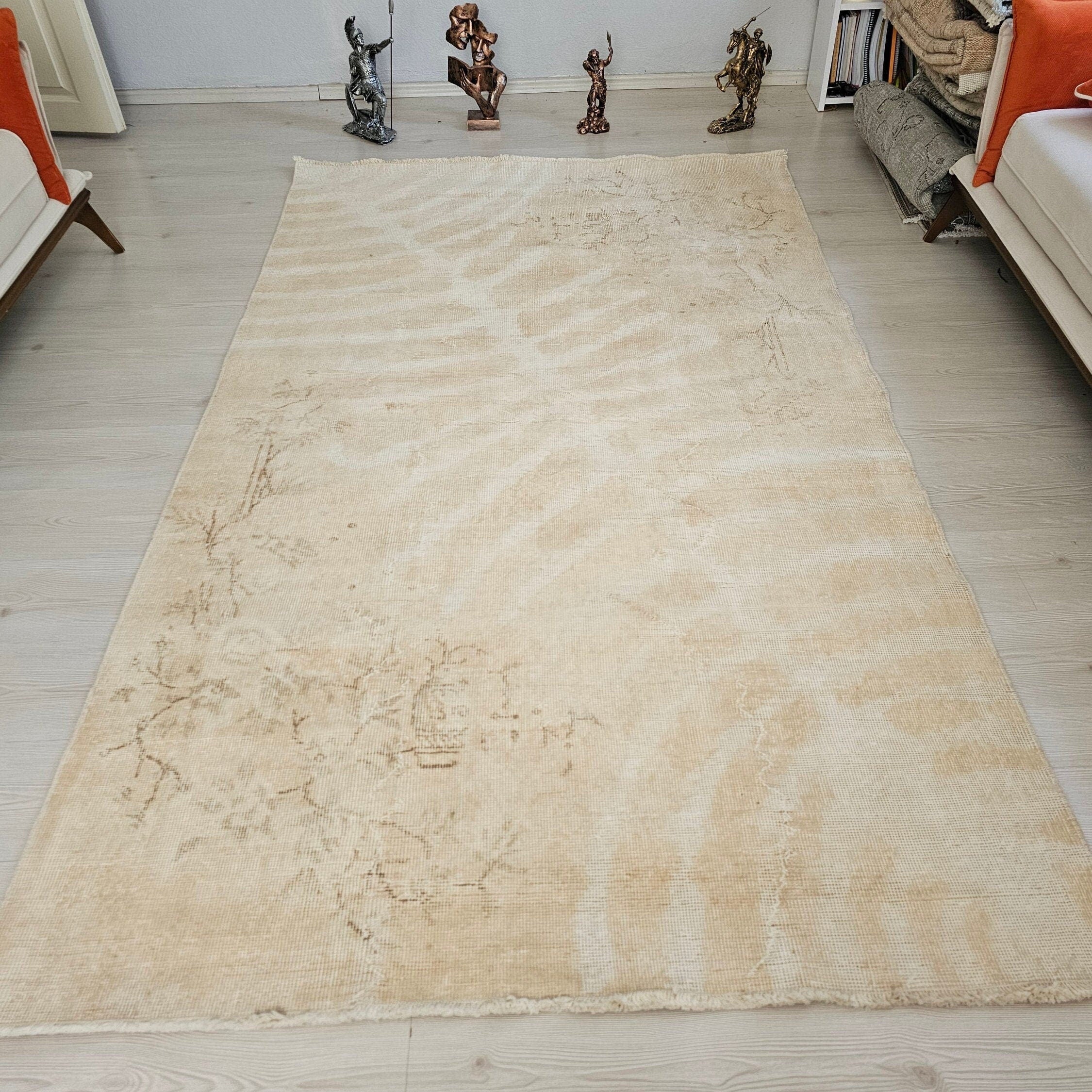 5x8 Vintage Turkish Wool Rug: Neutral Oushak Area Rug