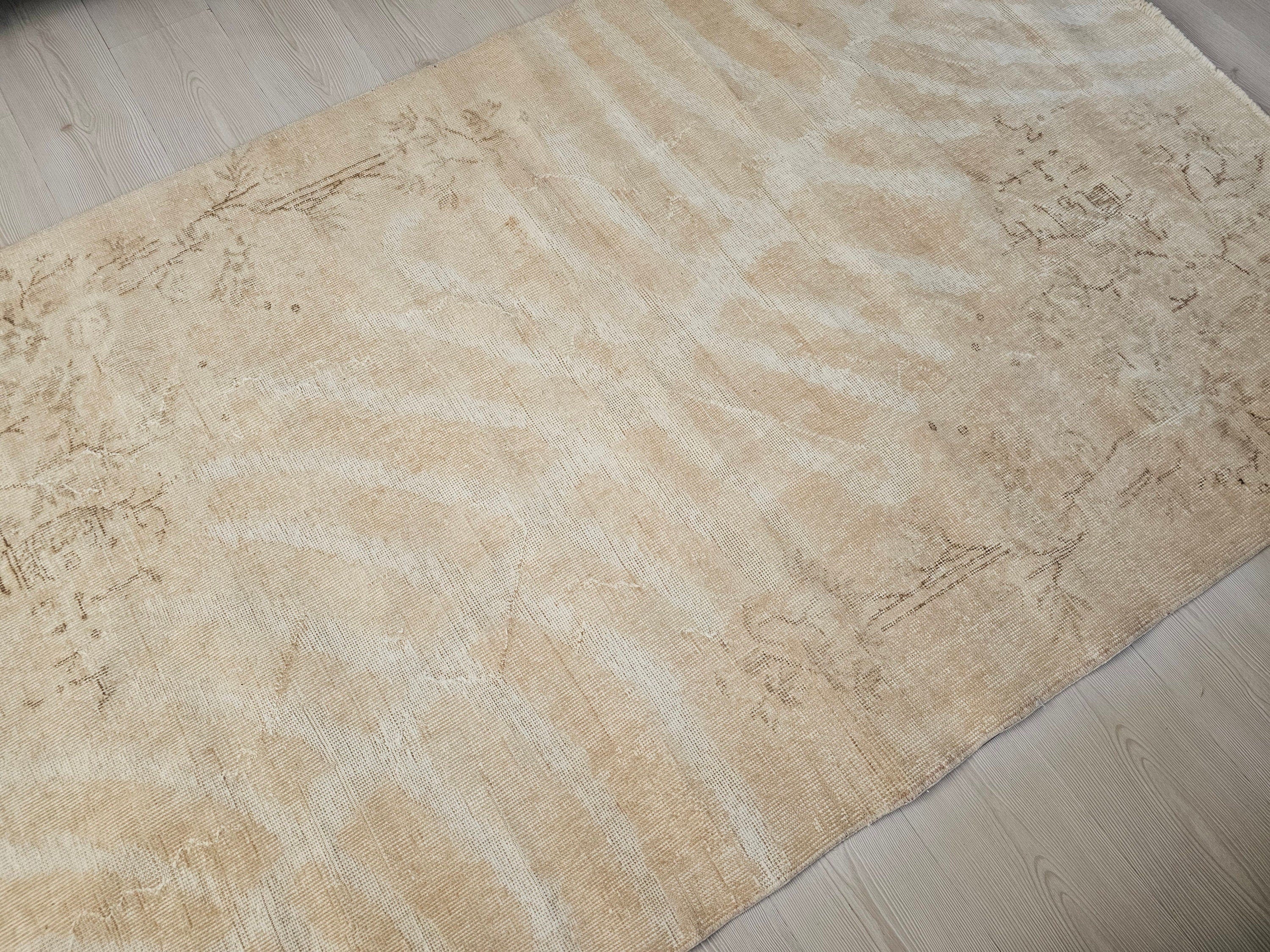 5x8 Vintage Turkish Wool Rug: Neutral Oushak Area Rug