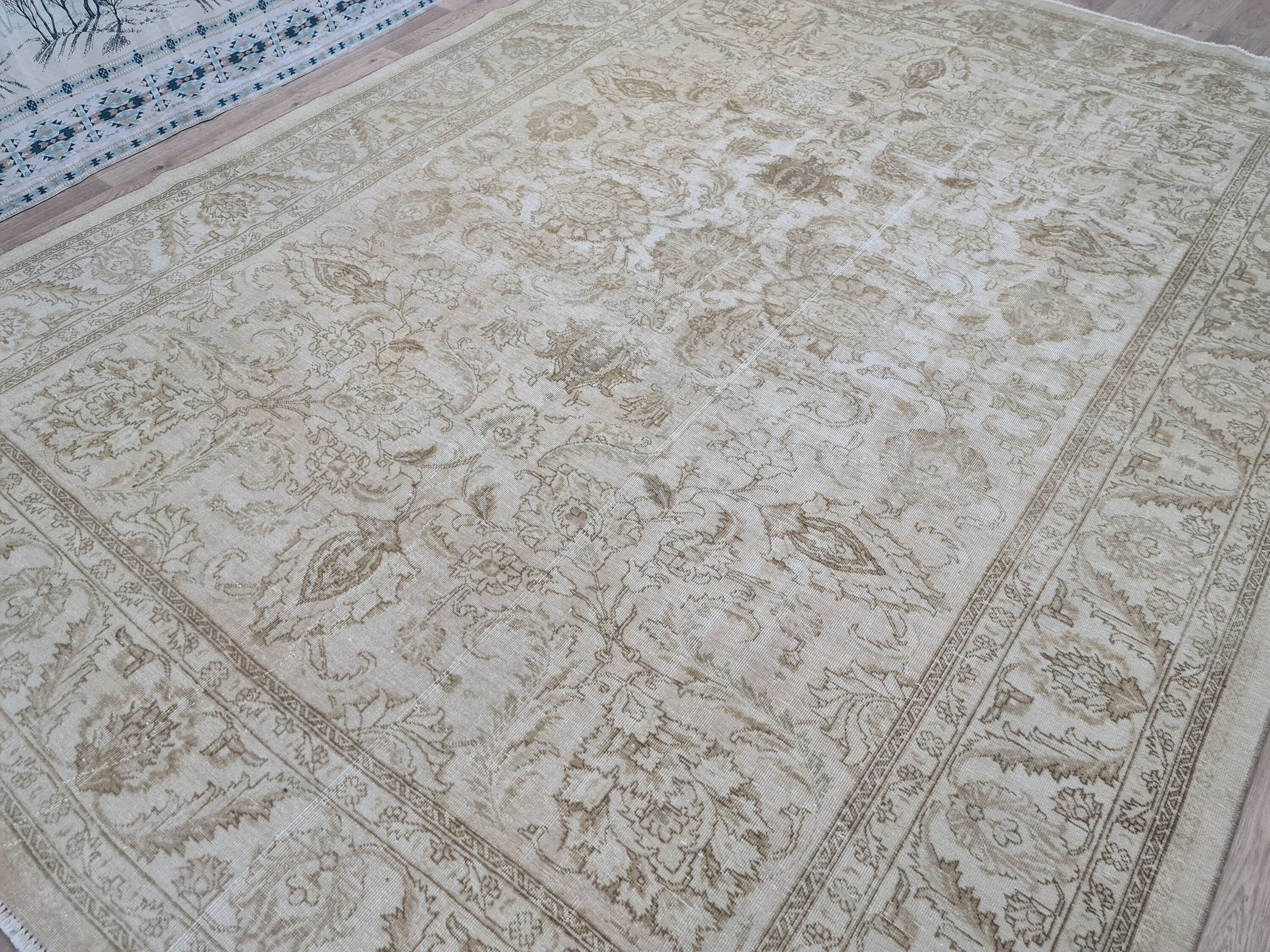 9x12 Hand Knotted Wool Rug: Vintage Turkish Oushak, Neutral Boho Decor
