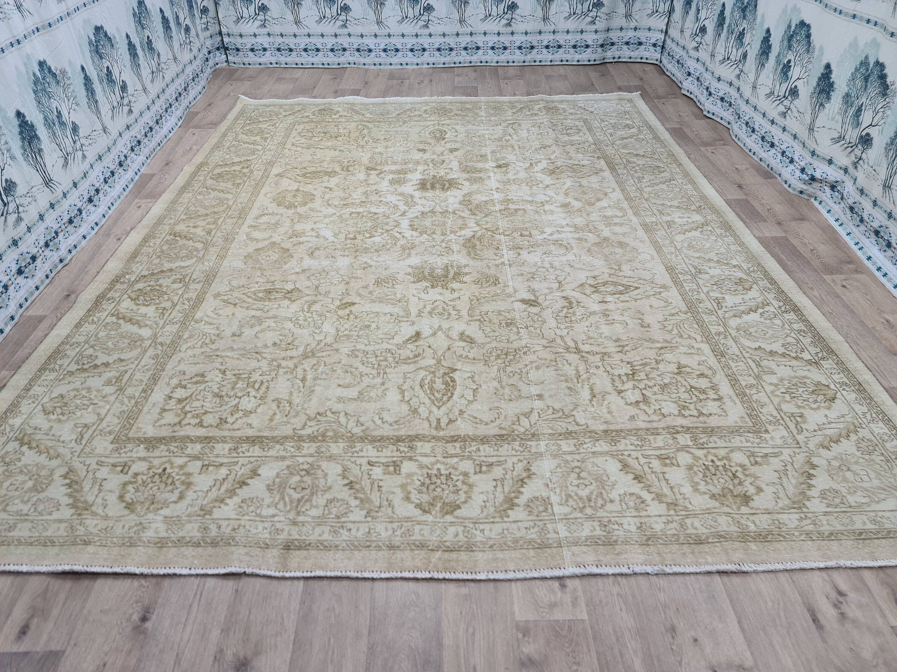 9x12 Hand Knotted Wool Rug: Vintage Turkish Oushak, Neutral Boho Decor