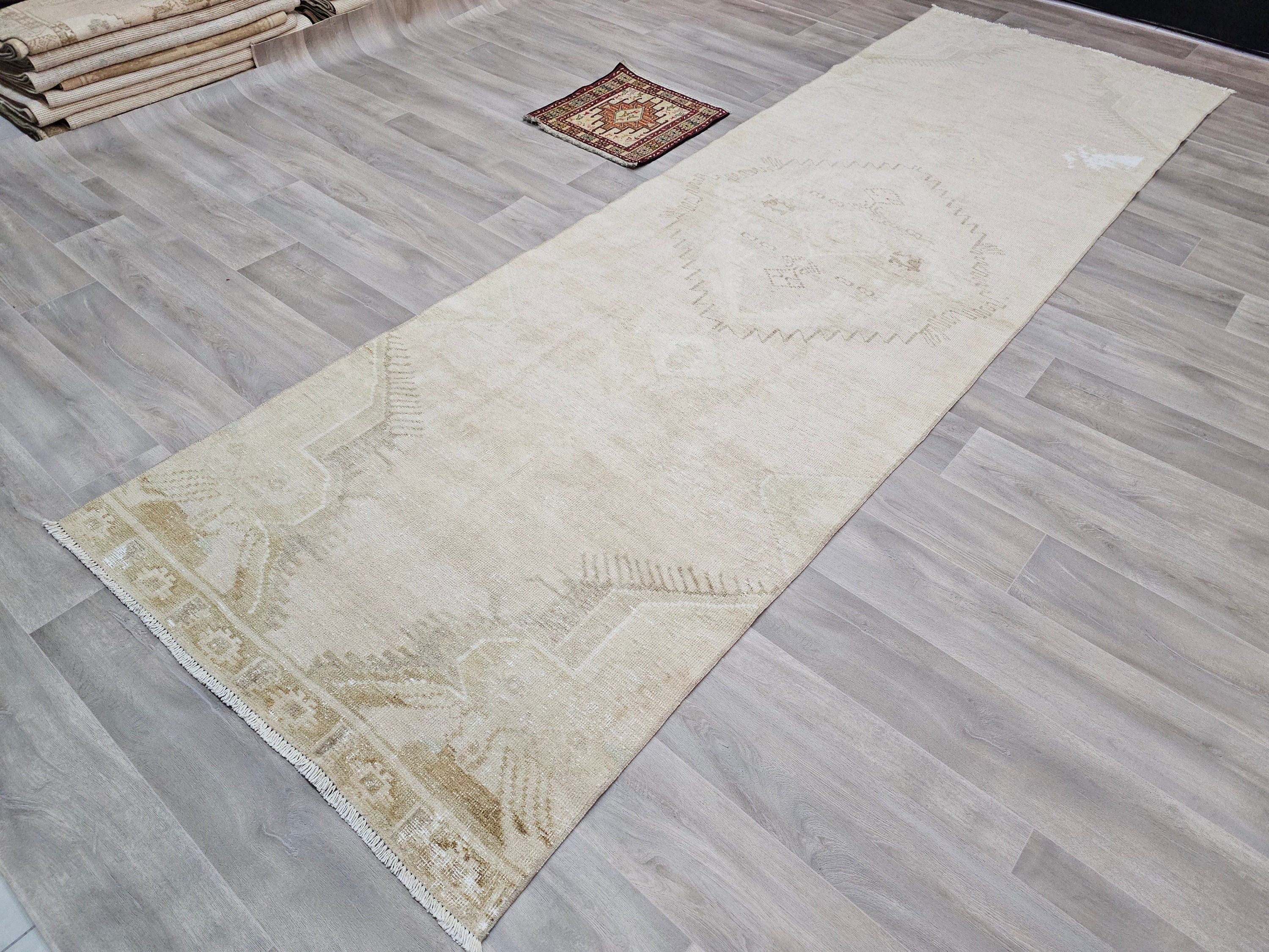 Hand Knotted Wool Turkish Runner Rug: Beige Brown Oushak, 4x12.5 ft