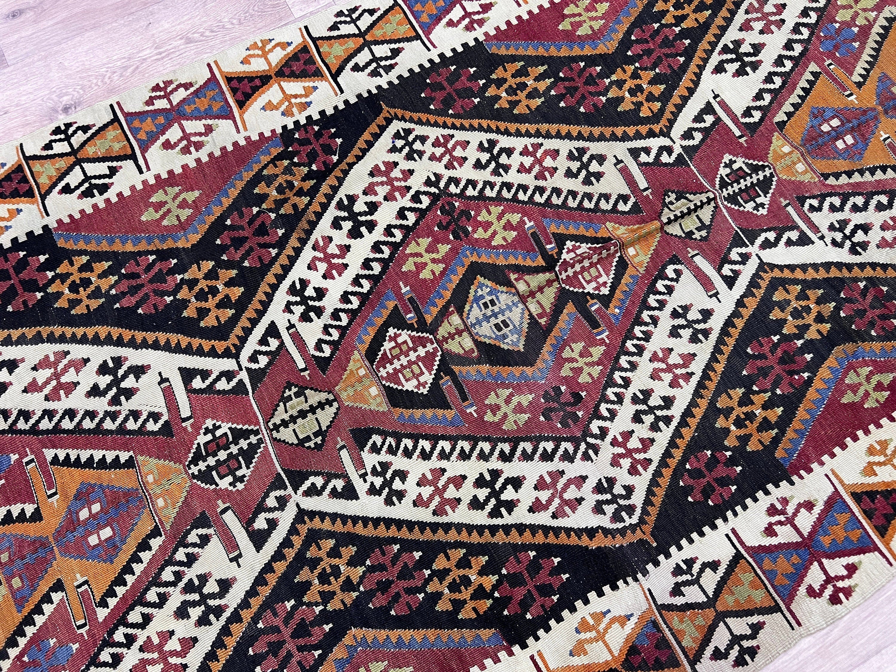 Vintage Turkish Kilim Runner: Wide Vegetable Dyed Wool Rug