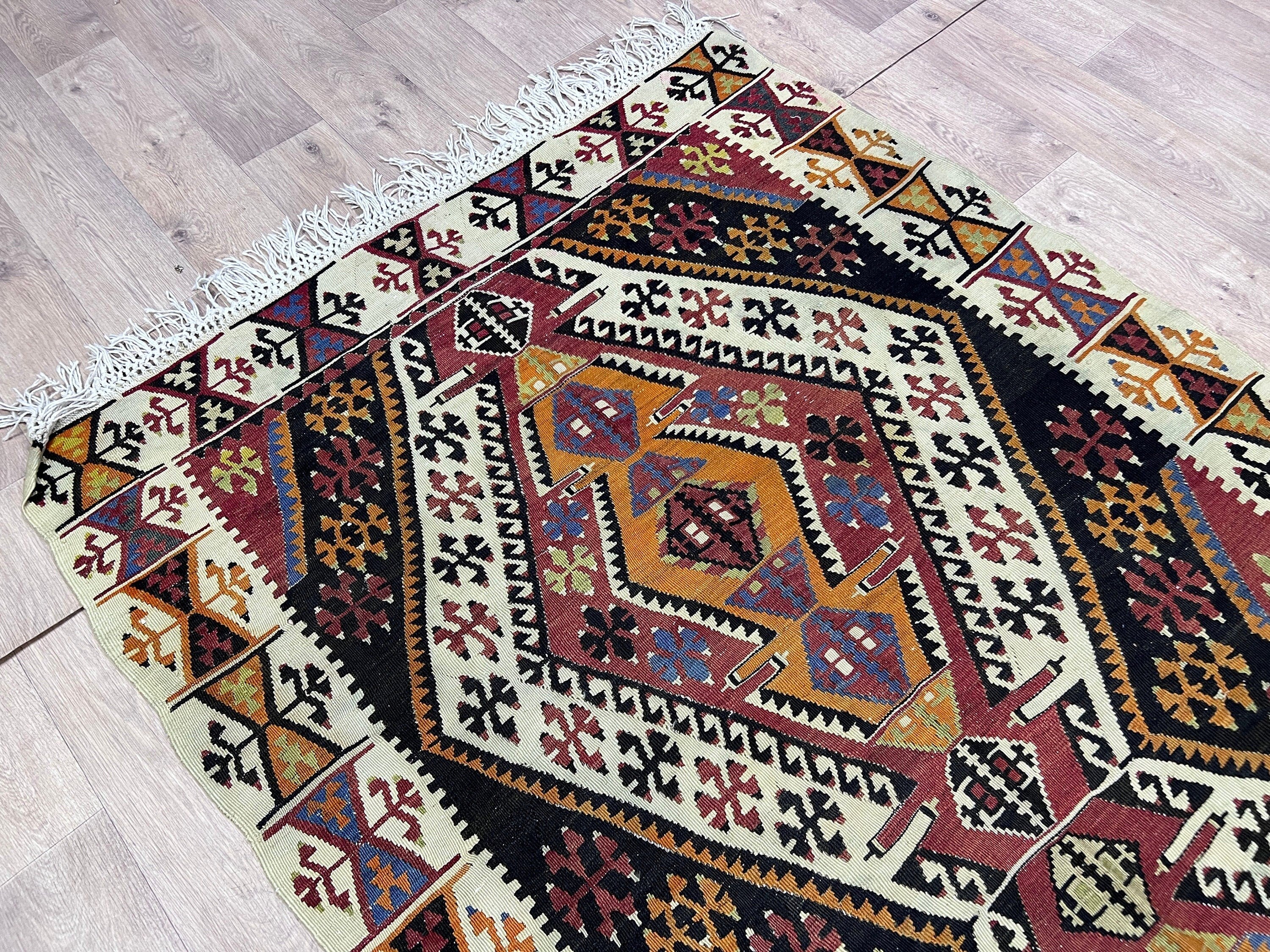Vintage Turkish Kilim Runner: Wide Vegetable Dyed Wool Rug
