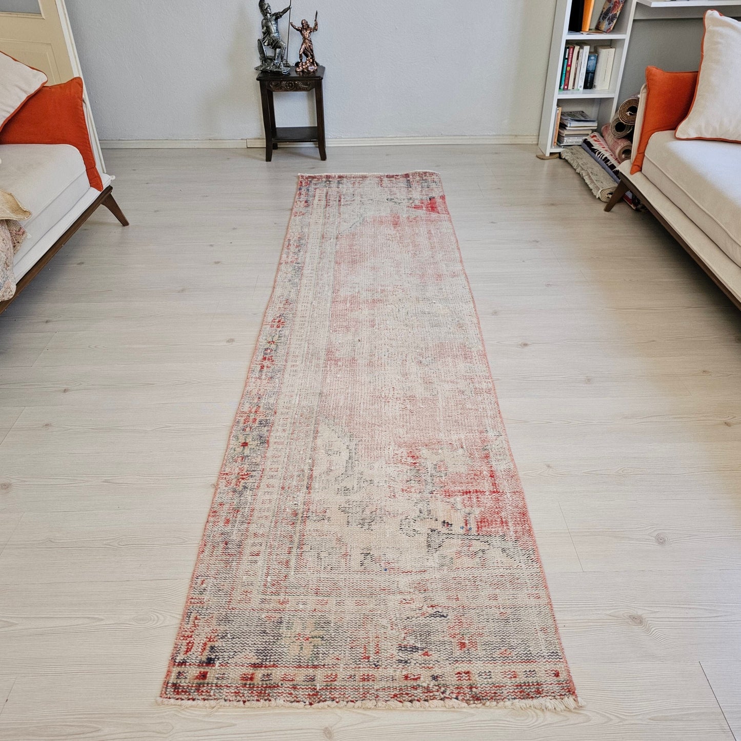 Vintage Turkish Runner Rug: Handwoven Wool Oushak, 9 ft Faded Hallway Rug