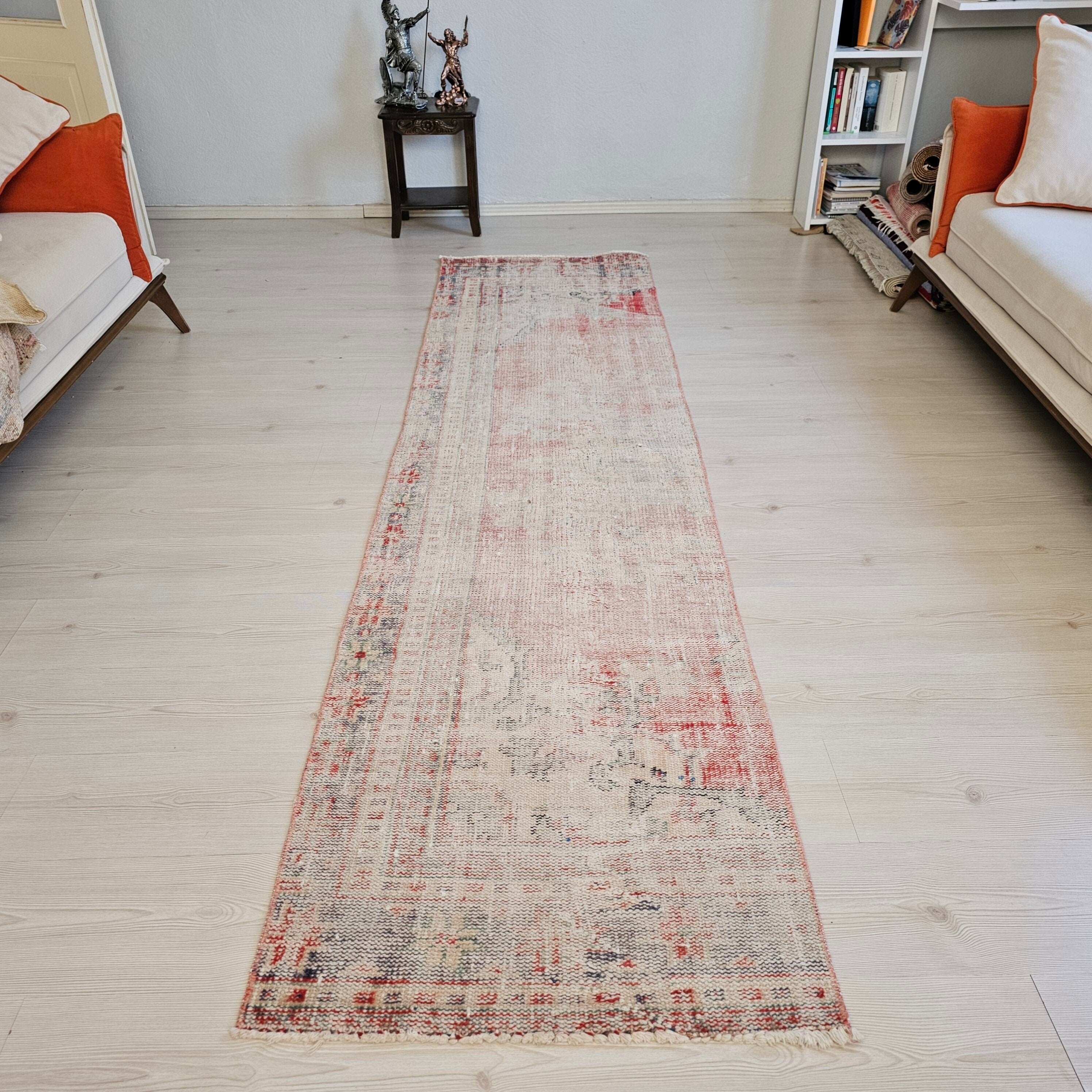 Vintage Turkish Runner Rug: Handwoven Wool Oushak, 9 ft Faded Hallway Rug