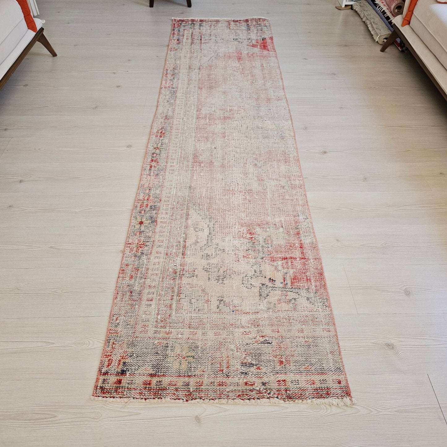 Vintage Turkish Runner Rug: Handwoven Wool Oushak, 9 ft Faded Hallway Rug