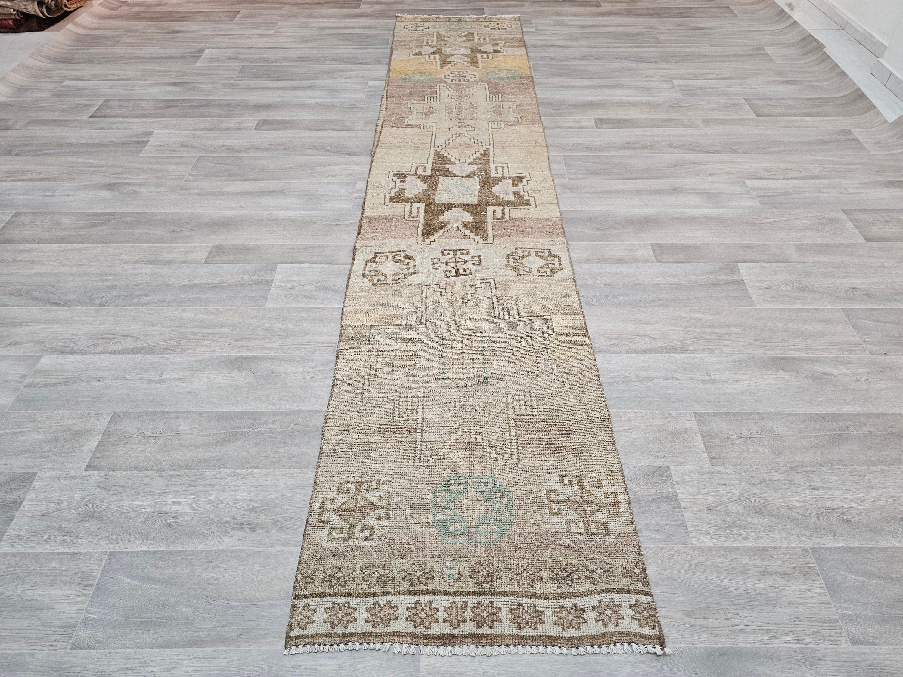 Vintage Turkish Oushak Wool Runner: 2.40x11.60 ft, Eclectic Hallway Decor
